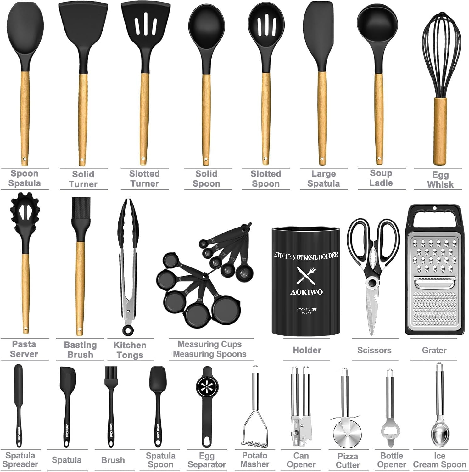 Chef-Quality Kitchen Utensil Set, 34Pieces Silicone Cooking Utensil Set with Wooden Handle, Heat Resistant Spatula Set Gadg... - Multi-Purpose Hand Tool for Daily Meal Prep Detail