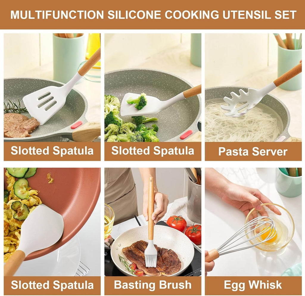 Seamless One-Piece Cooking Utensils Set, 12 packs Non-Stick Silicone Cooking Kitchen Utensils Spatula Set with Wooden Handles and... - Premium Stainless Steel Cooking Utensil for Non-Stick Pots Detail