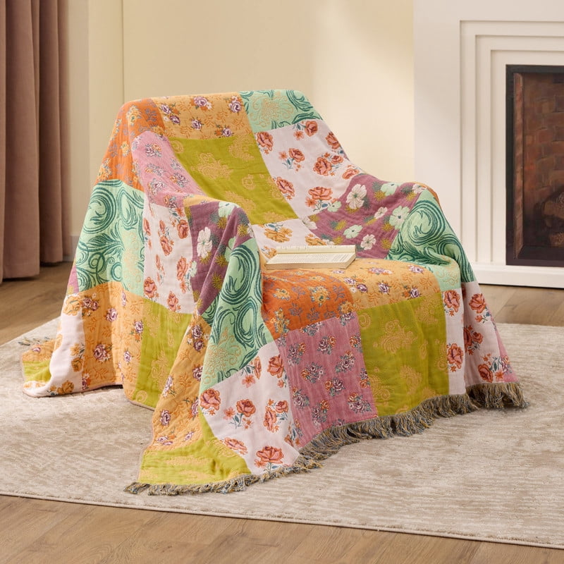 Cozy Fleece 100% Cotton Boho Blankets for Home Decor – Colorful Patchwork Reversible Farmhouse Quilt Bedding, Vintage Woven Decor... - Lightweight Plush Warm Blanket for All Seasons Detail