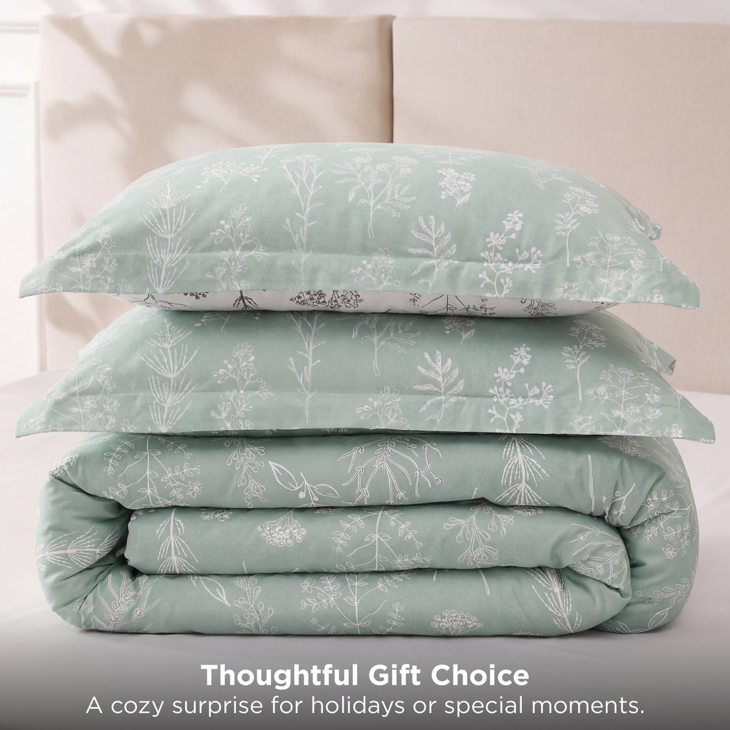 Heavyweight Warmth 3 Pieces Sage Green Queen Size Comforter Sets, Cute Flowers Botanical Lightweight Soft Bedding Set with 2 Pillow Shams - All-Season Down Alternative Comforter Insert Detail