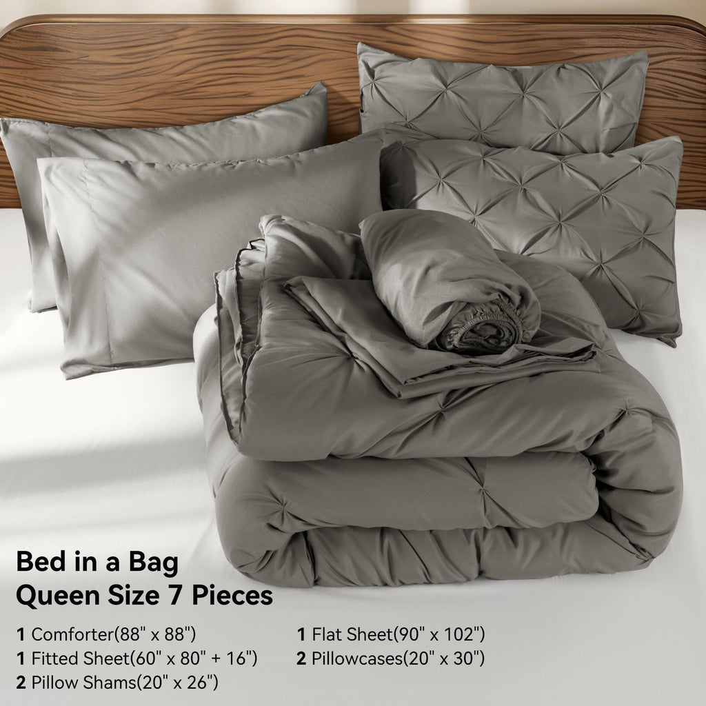Heavyweight Warmth Queen Comforter Set, 7 Pieces Bedding Sets for All Season, Bed in a Bag with Pleated Comforter - Flat Sheet & Fitted ... - Luxurious Quilted Duvet Cover Set Detail