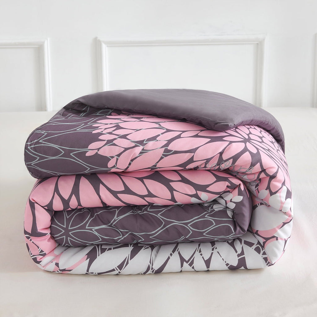 Luxurious Quilted 2 Pieces Pink Floral Comforter Set Twin Size, Botanical Bedding Sets with Cute Flowers Printing for Teen Girls - All-Season Down Alternative Comforter Insert Detail