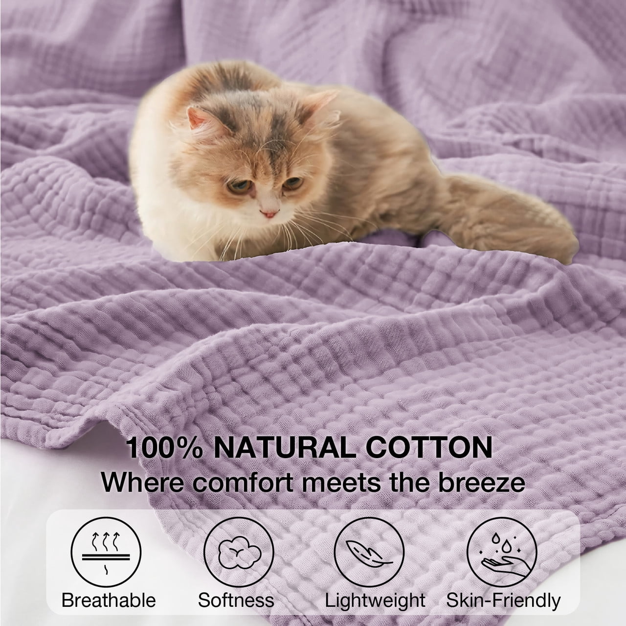 Cozy Fleece 100% Cotton Muslin Blanket Large 50" x 70", 6 Layers Lightweight and Breathable Throw Blankets for Couch, Soft Coolin... - Lightweight Plush Warm Blanket for All Seasons Detail