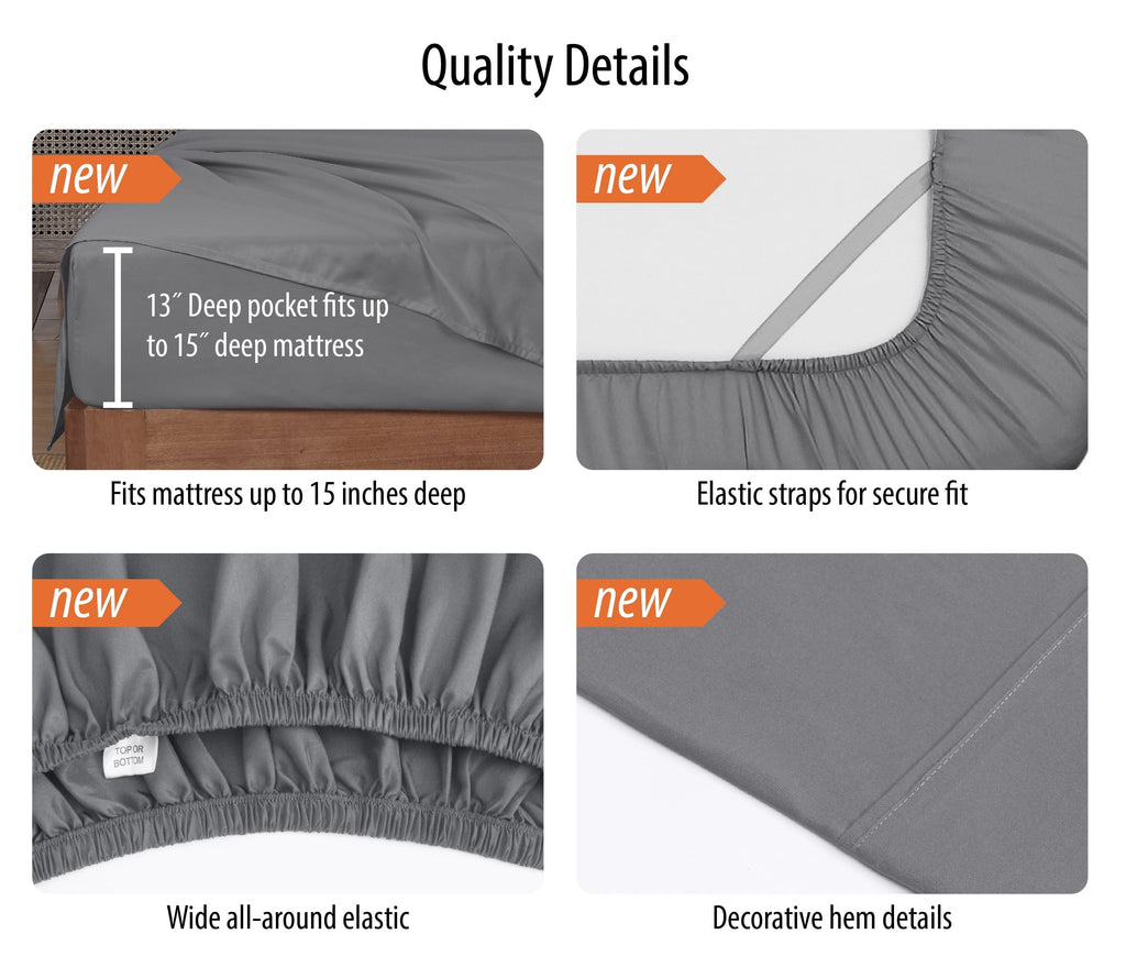 Wrinkle-Resistant Super Soft Brushed Microfiber Bed Sheet Set, Soothing Gray, Queen, 4 Piece - Breathable Egyptian Cotton Flat & Fitted Sheets Detail