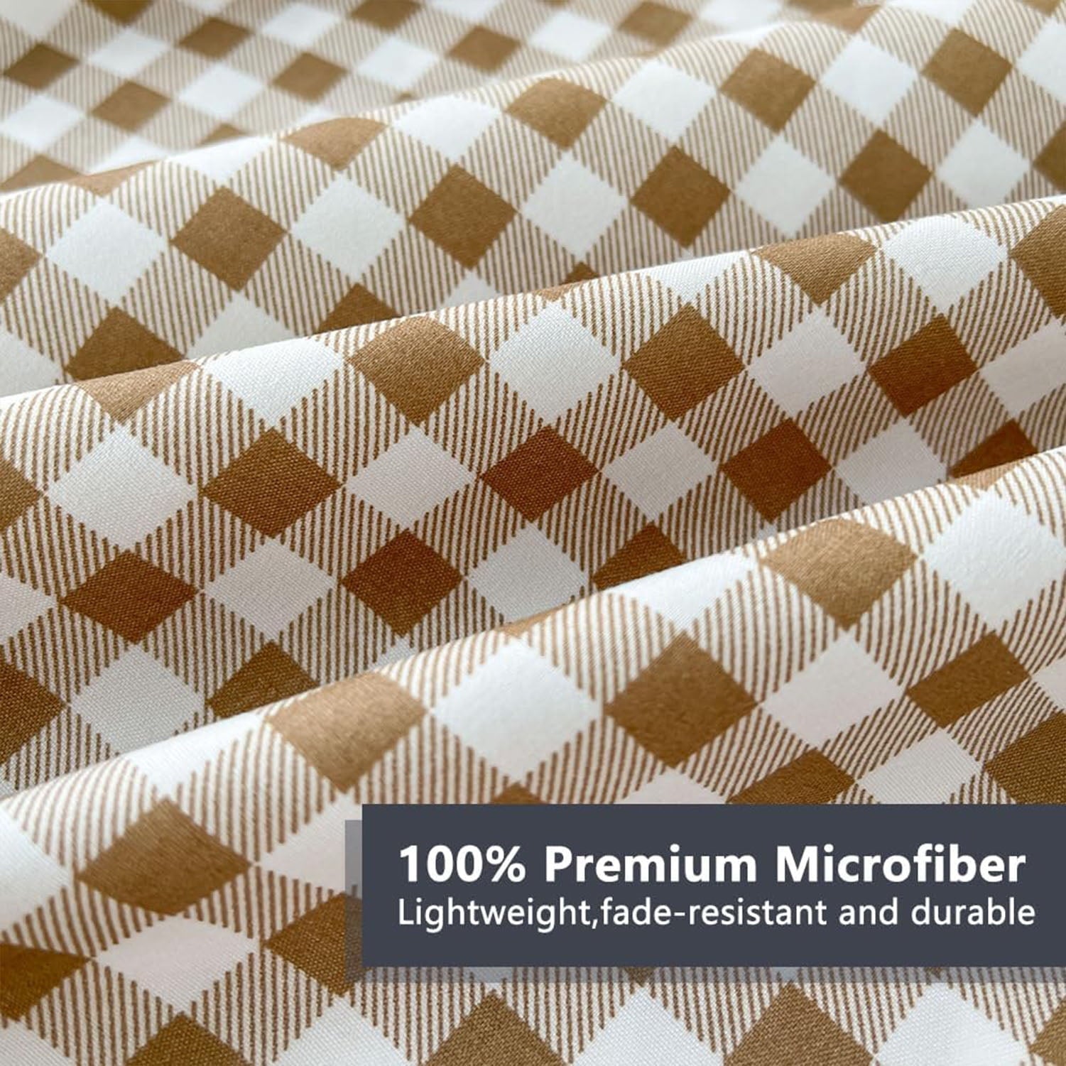 Premium Egyptian Cotton Sheet Set, Soft Brushed Microfiber Taupe Plaid Sheets, 4-Piece Brown Grid Set with Deep Pocket - Cooling Hotel Quality Bedding Sheets and Pillowcases Detail