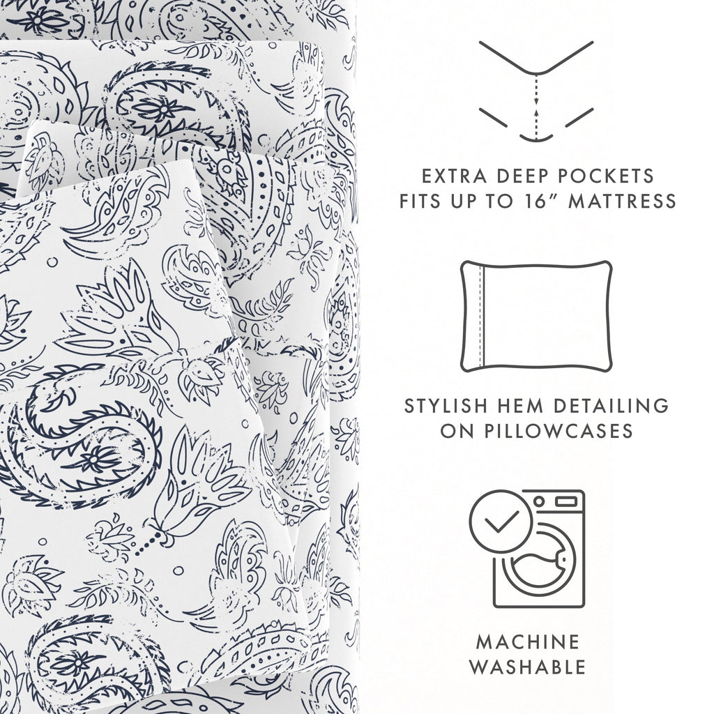 Cooling Sateen 4 Piece Pattern Microfiber Bed Sheets Set, Navy Coarse Paisley, Full - Premium Ultra-Soft Pillowcase Pair for Sleeping Detail