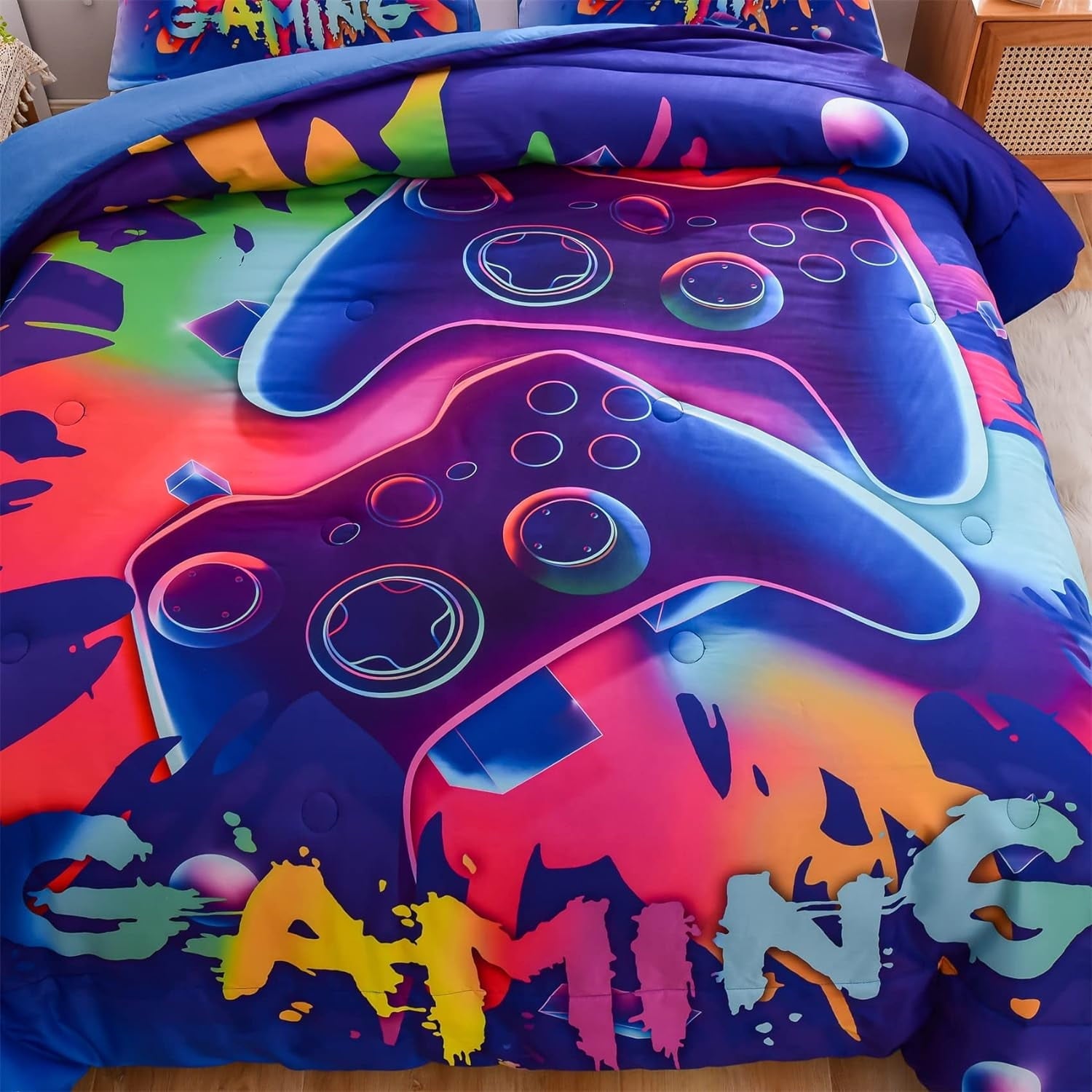 Hypoallergenic Cloud Purple Queen Gaming Comforter Sets for Boys Kids Bedding Sets Colorful Games Console Gamer Quilt Set - All-Season Down Alternative Comforter Insert Detail