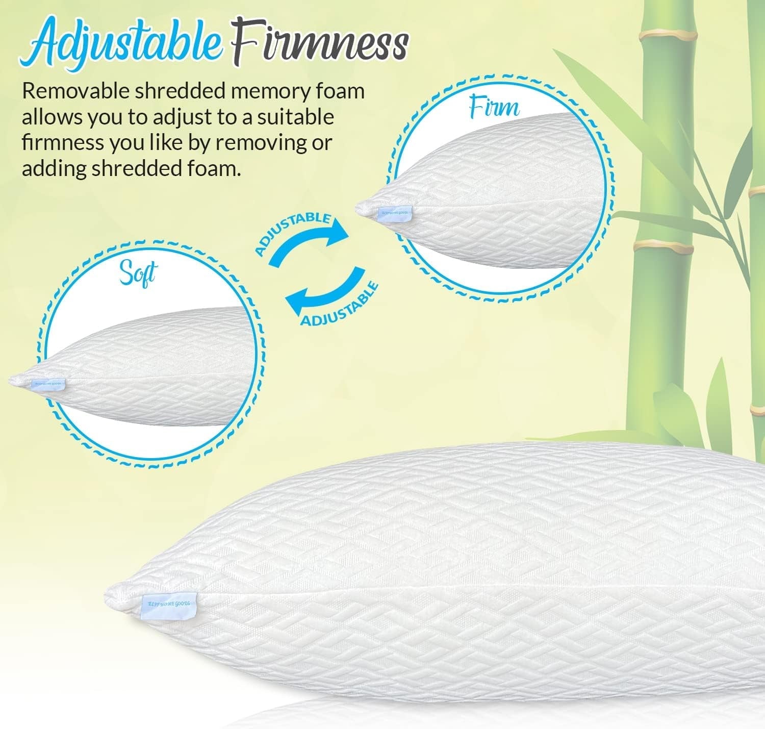 Decorative Plump King Size Bamboo Pillow, Memory Foam Bed Pillows with Washable Pillowcases, King (1 Pack) - Orthopedic Shredded Foam Bed Pillow Set Detail