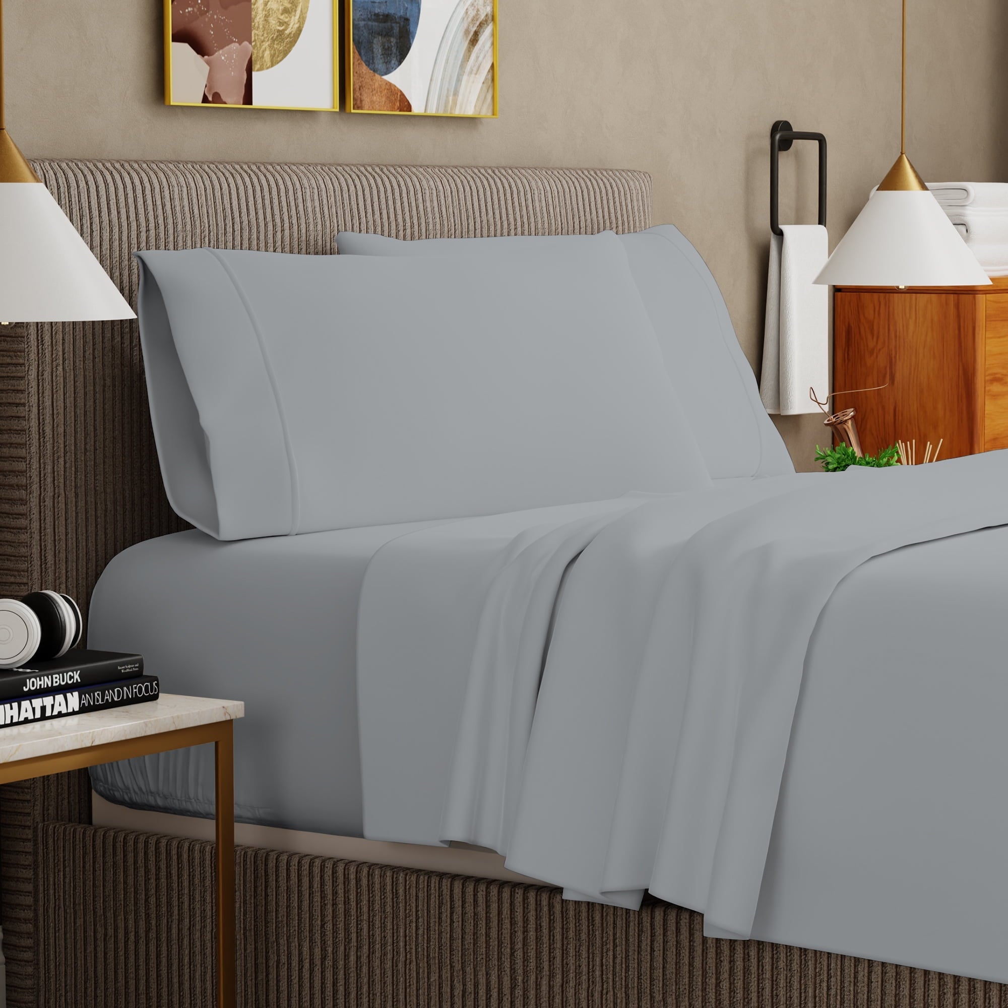 Premium Egyptian Cotton Soft Finish Microfiber Percale Queen Bed Sheet Set – 4-Piece Lightweight, Wrinkle-Resistant, Quick-Dry, Light Gray - Luxury Bed Sheet Set with Deep Pockets Detail
