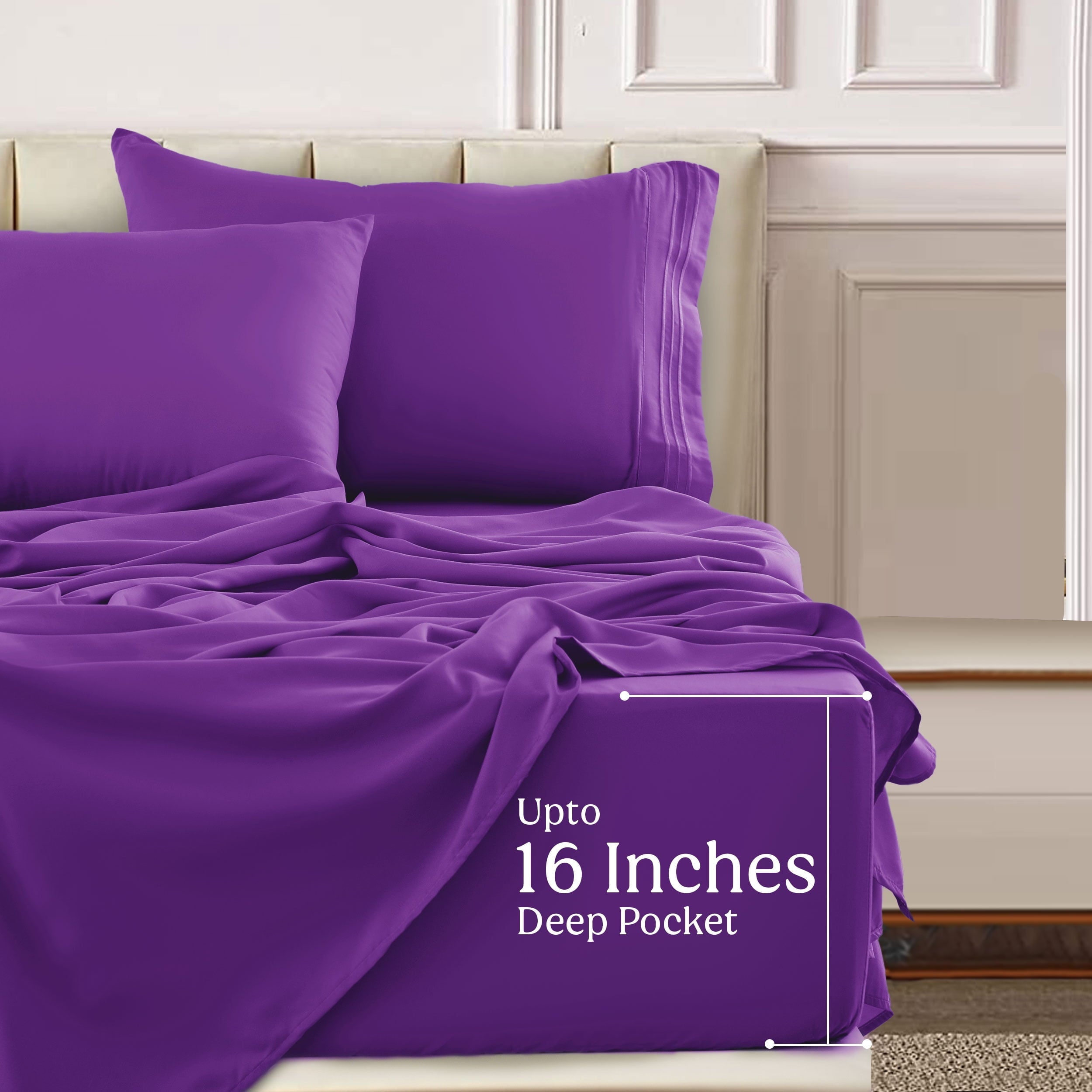 Premium Egyptian Cotton King Bed Sheets - 16 Inch Deep Pocket 6 Piece Microfiber Bedding Sheets & Pillowcase Sets - Purple - Cooling Hotel Quality Bedding Sheets and Pillowcases Detail