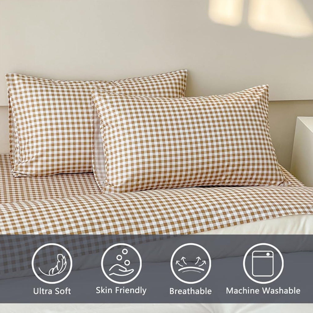Premium Egyptian Cotton Sheet Set, Soft Brushed Microfiber Taupe Plaid Sheets, 4-Piece Brown Grid Set with Deep Pocket - Cooling Hotel Quality Bedding Sheets and Pillowcases Detail
