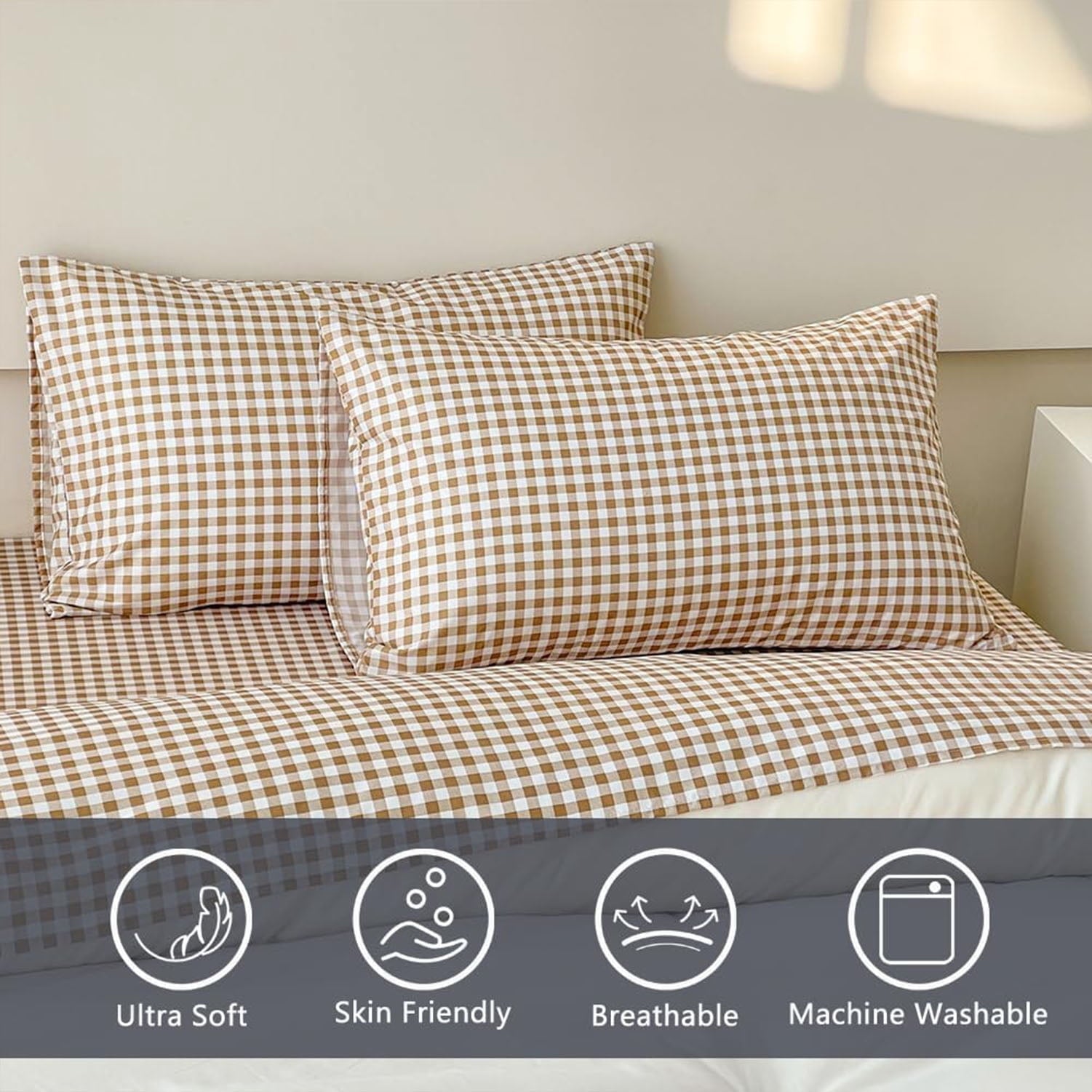 Premium Egyptian Cotton Sheet Set, Soft Brushed Microfiber Taupe Plaid Sheets, 4-Piece Brown Grid Set with Deep Pocket - Cooling Hotel Quality Bedding Sheets and Pillowcases Detail