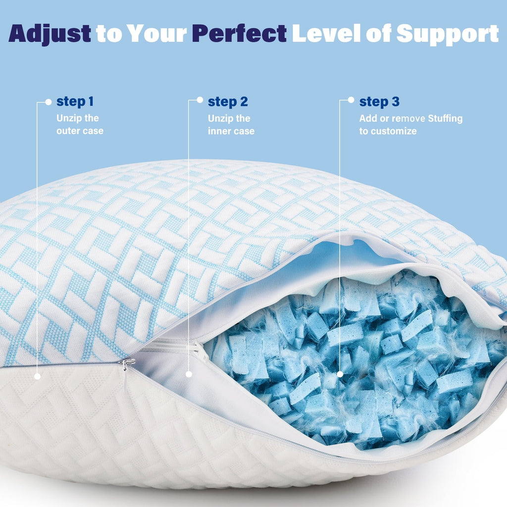 Orthopedic Support Cooling Bed Pillows for Sleeping Shredded Memory Foam Pillows Queen Size Set of 2 Pack - Decorative Throw Pillow Cushion for Sofa & Bed Detail