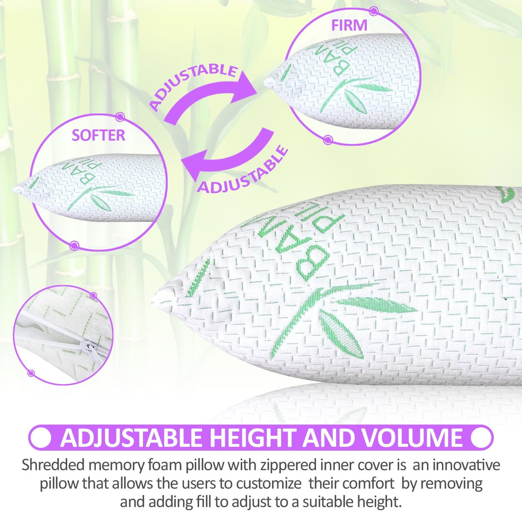 Fluffy Shredded King Size Bamboo Pillow, Memory Foam Bed Pillows with Washable Pillowcases, King - Ergonomic Memory Foam Pillow for Neck Pain Support Detail