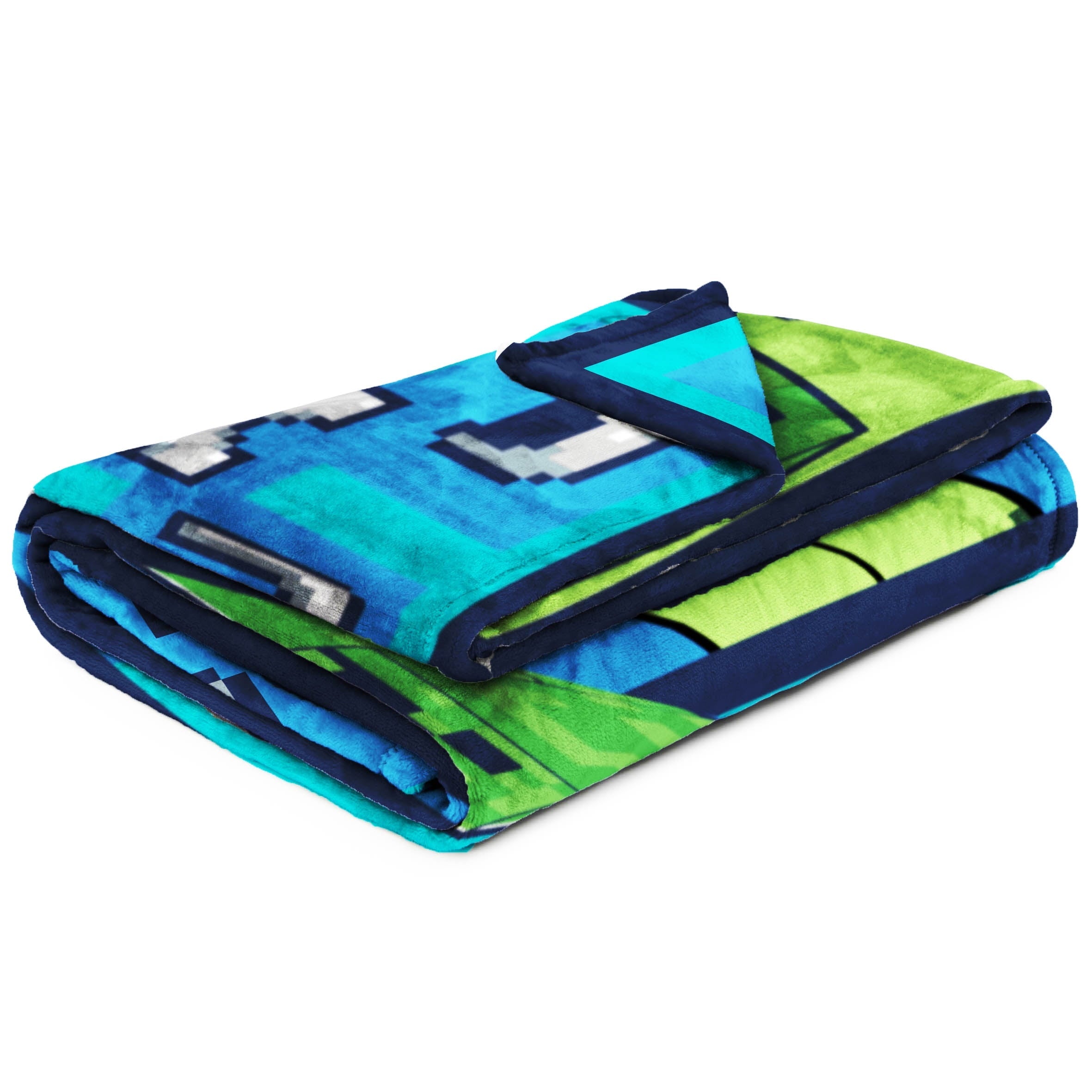 Reversible Sherpa Minecraft Kids Twin/Full Blanket, 62 x 90, Microfiber, Green and Blue - Luxury Knitted Decorative Throw Blanket with Fringes Detail