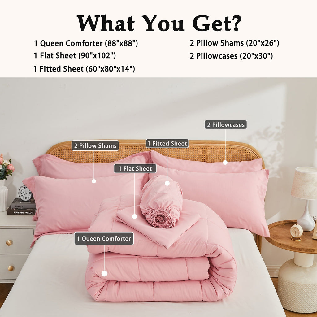 Hypoallergenic Cloud 7-Piece Queen Size Comforter Set,Pink Reversible Bed in a Bag,All Season Solid Bedding Set with Sheets,Pillowcases & ... - All-Season Down Alternative Comforter Insert Detail