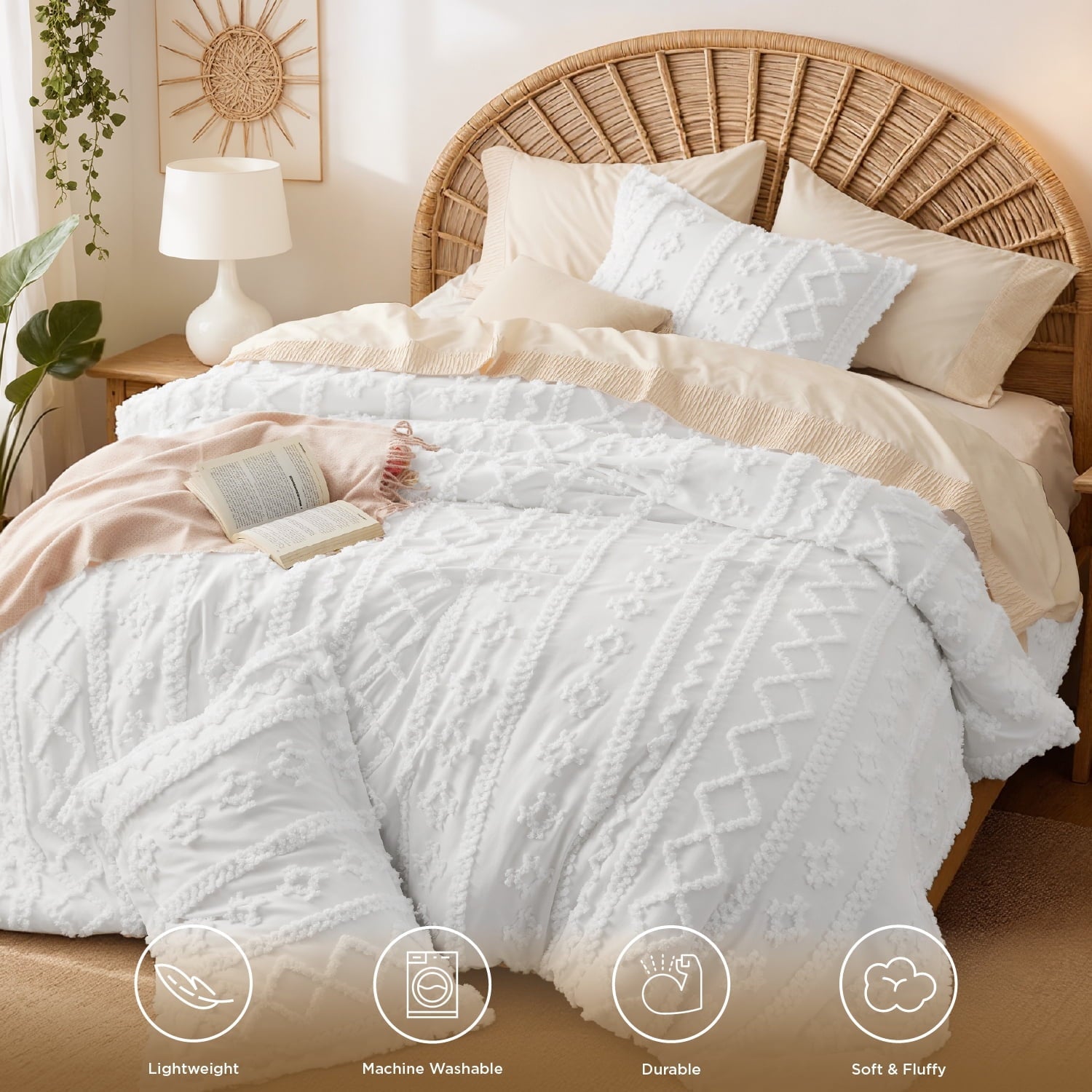Fluffy Down Alternative Tufted Boho Comforter Set, 2 Pieces Farmhouse Shabby Chic Embroidery Bed Set, Soft Jacquard Comforter for All Seasons... - All-Season Down Alternative Comforter Insert Detail