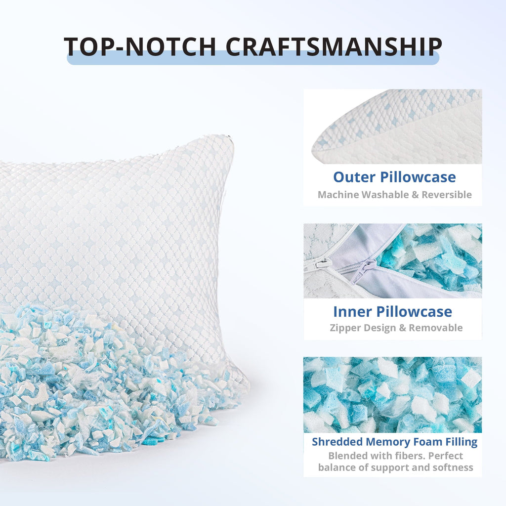 Fluffy Shredded 2-Pack Adjustable Cooling Bed Pillows, Shredded Memory Foam Pillows Set of 2, Standard Queen, Dual Sides - Ergonomic Memory Foam Pillow for Neck Pain Support Detail