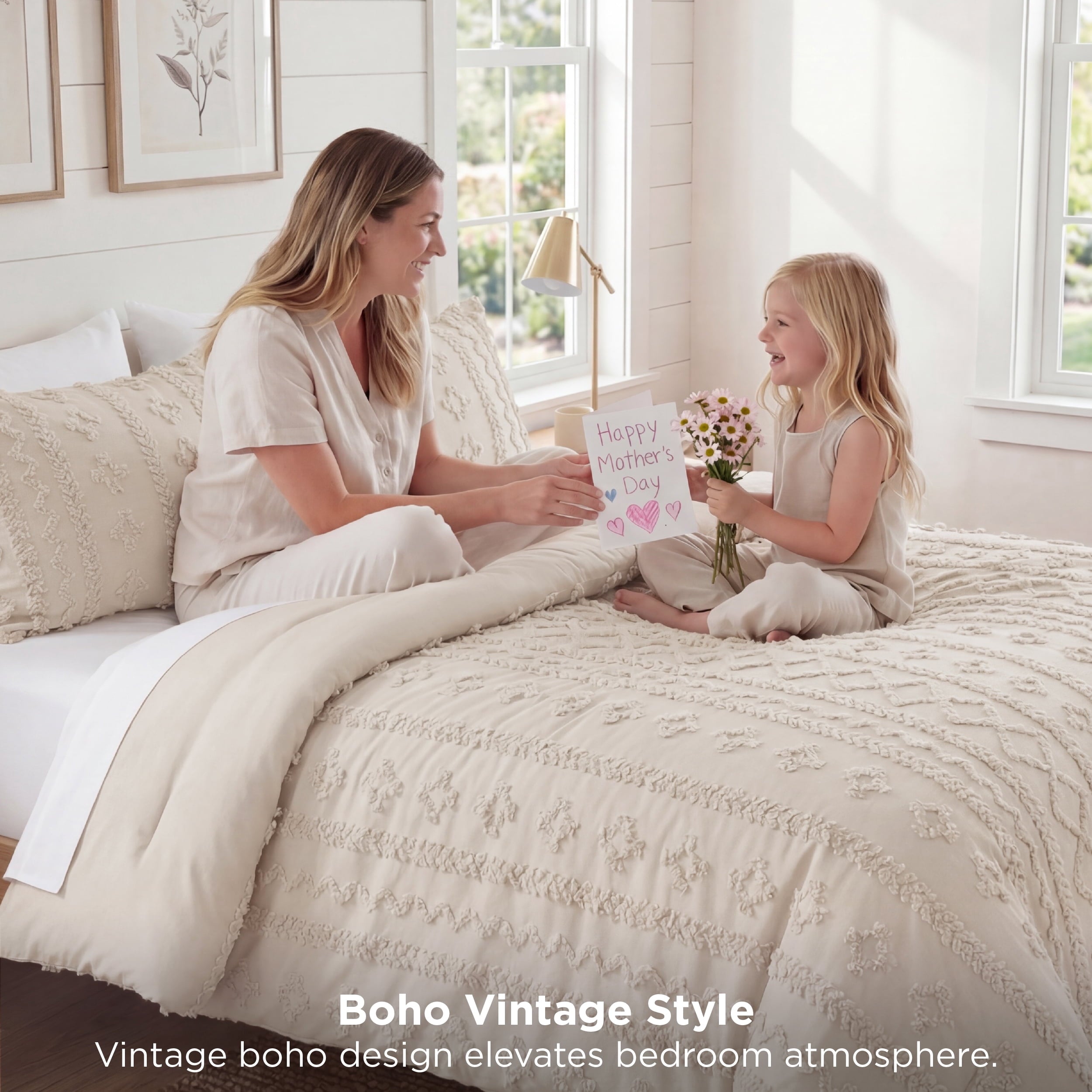 Fluffy Down Alternative Tufted Boho Comforter Set Queen, Beige, 3 Pieces Farmhouse Shabby Chic Embroidery Bedding Set, Soft Jacquard Comforte... - Cloud-Like Soft Lightweight Bed Comforter Detail