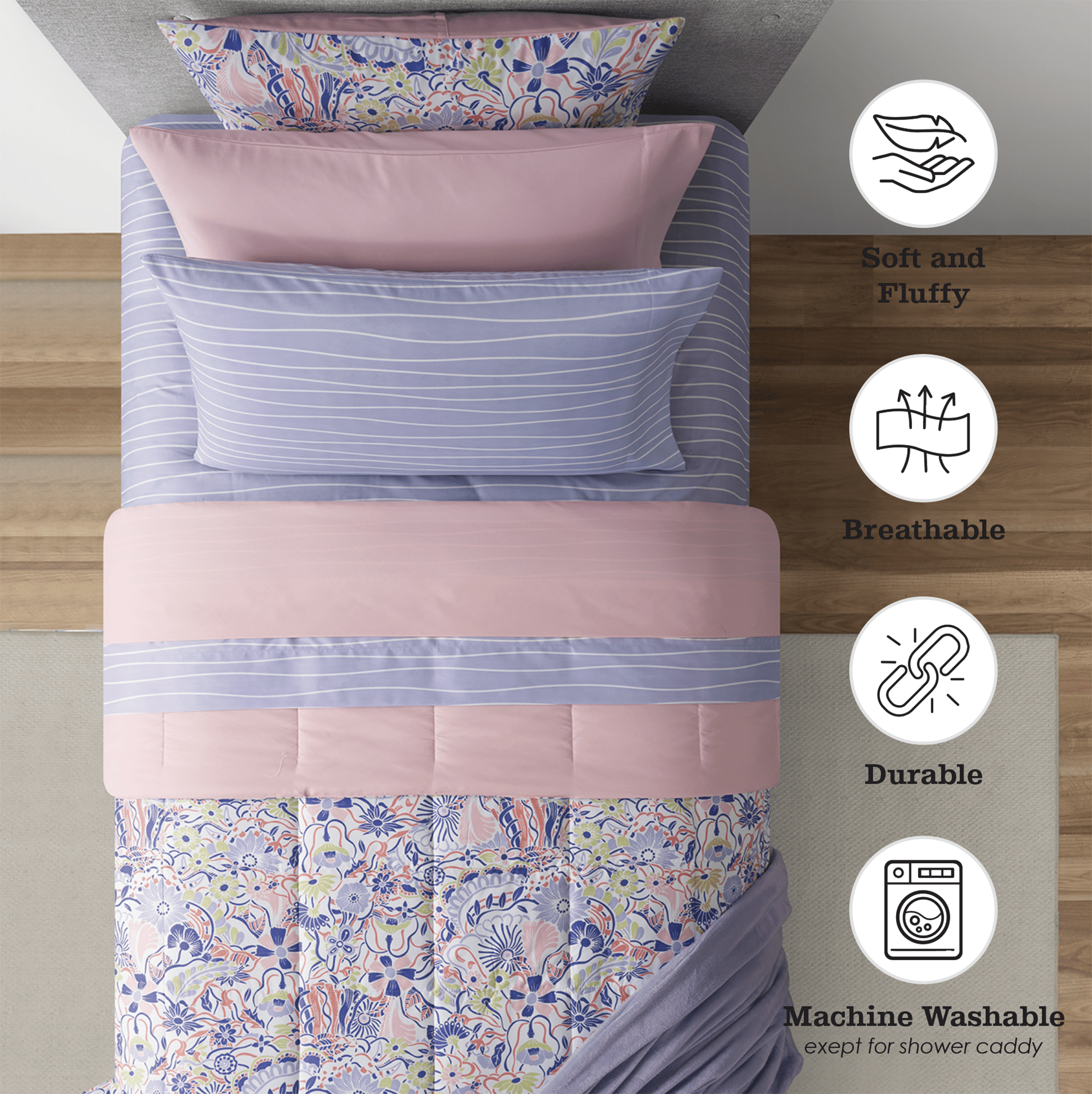 Hypoallergenic Cloud 14pc College Dorm Essentials Bundle, Twin-XL, Reversible Bed in a Bag Comforter Set, Purple Floral - All-Season Down Alternative Comforter Insert Detail