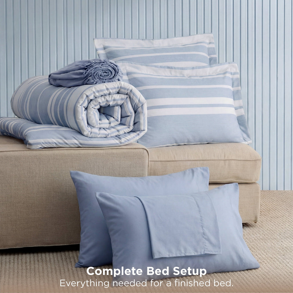 Luxurious Quilted Queen Comforter Set Blue, Bed in a Bag Queen Size Bedding 7-Pieces, Striped Bedding Set for All Seasons - All-Season Down Alternative Comforter Insert Detail