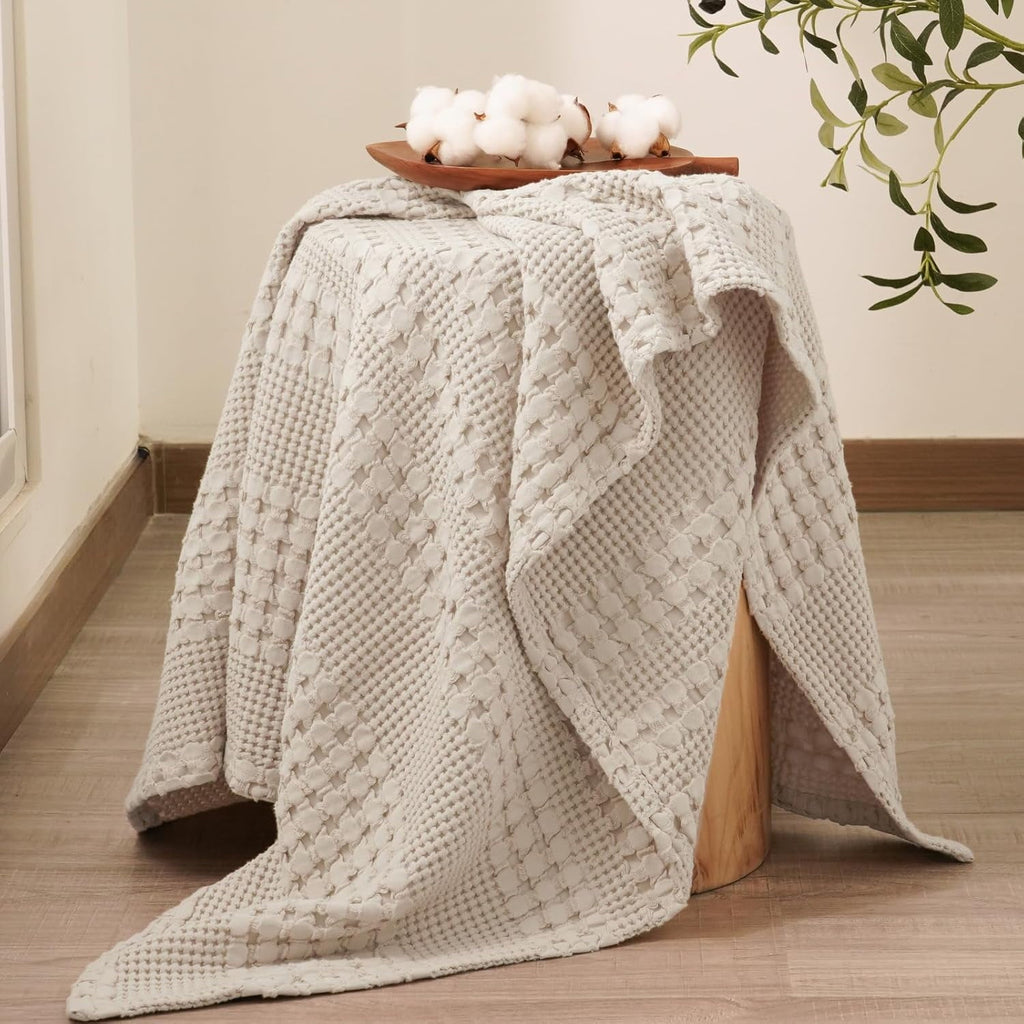 Lightweight Warm 100% Cotton Waffle Weave Blanket, Lightweight Throw Washed Blanket for Bed Sofa Home Decor, Oatmeal, 50"x60" - Luxury Knitted Decorative Throw Blanket with Fringes Detail