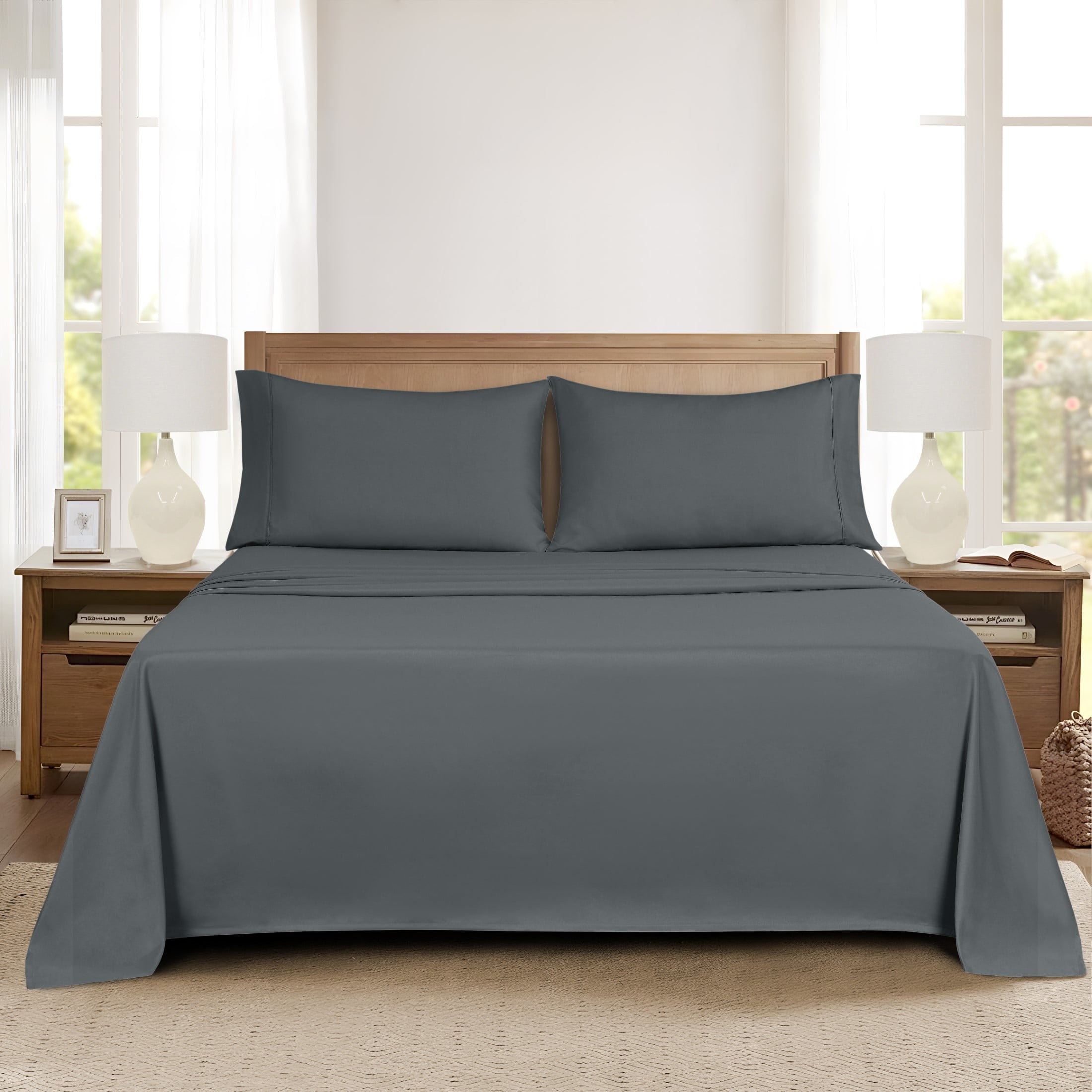 Wrinkle-Resistant Super Soft Brushed Microfiber Bed Sheet Set, Soothing Gray, Queen, 4 Piece - Breathable Egyptian Cotton Flat & Fitted Sheets Detail