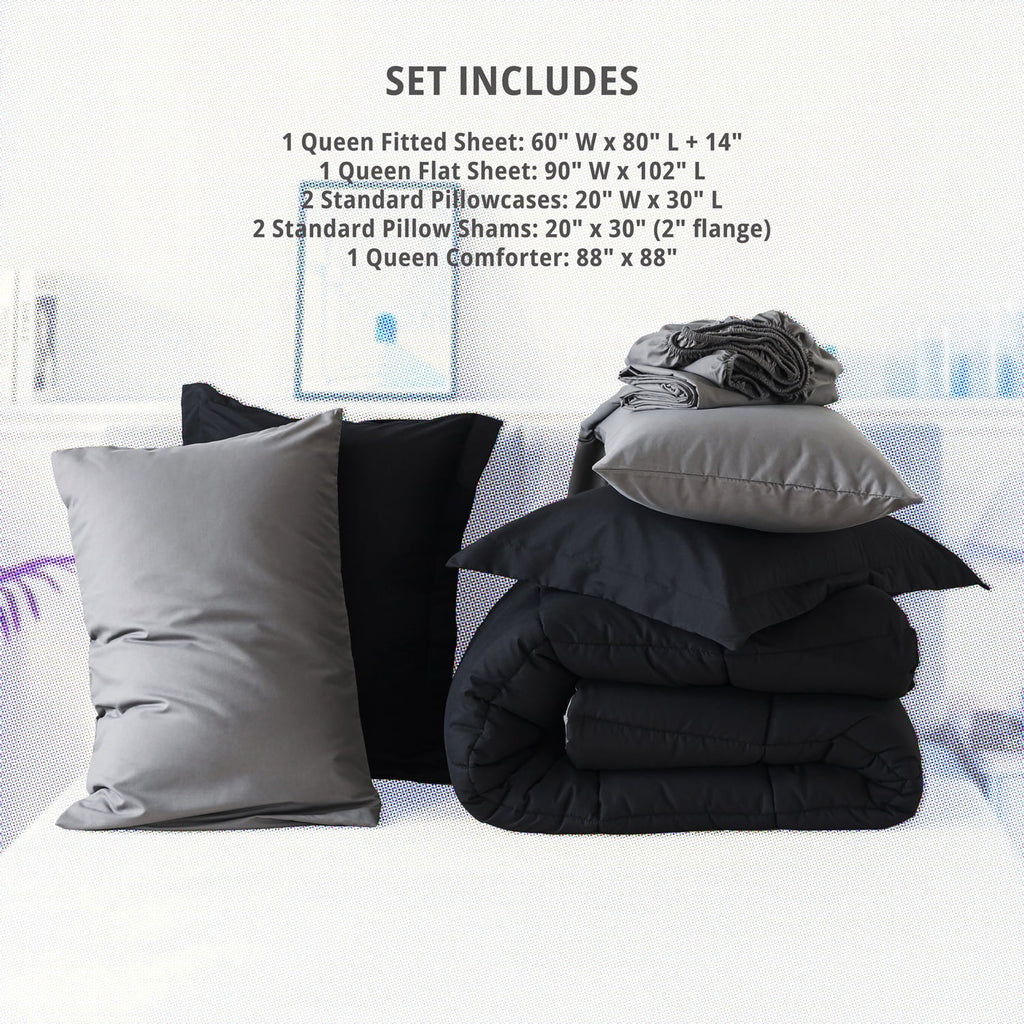 All-Season Queen Size 7 Piece Comforter Set | Bed in a Bag for Unisex Adult | Black/Gray - Cloud-Like Soft Lightweight Bed Comforter Detail