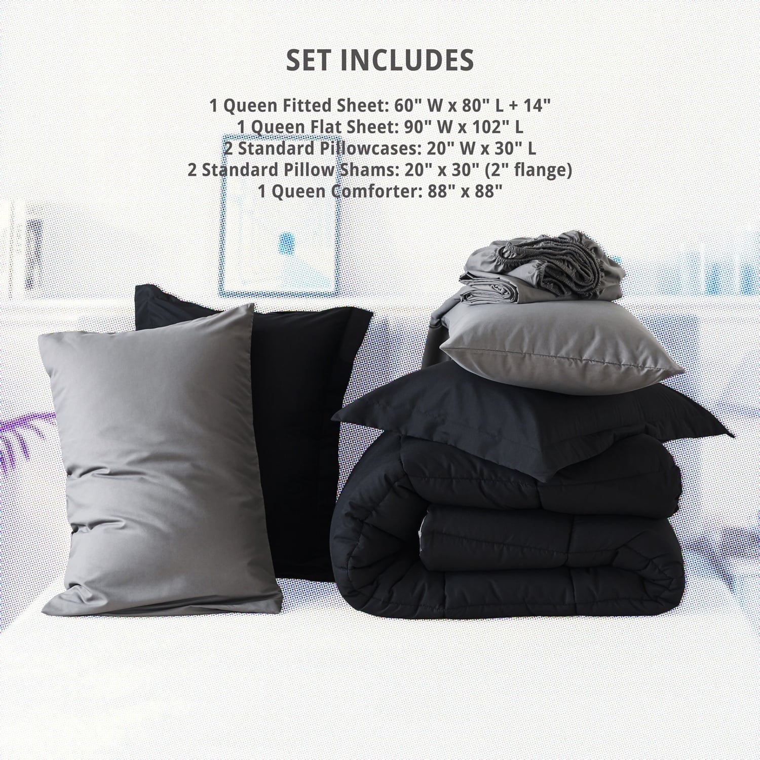 All-Season Queen Size 7 Piece Comforter Set | Bed in a Bag for Unisex Adult | Black/Gray - Cloud-Like Soft Lightweight Bed Comforter Detail