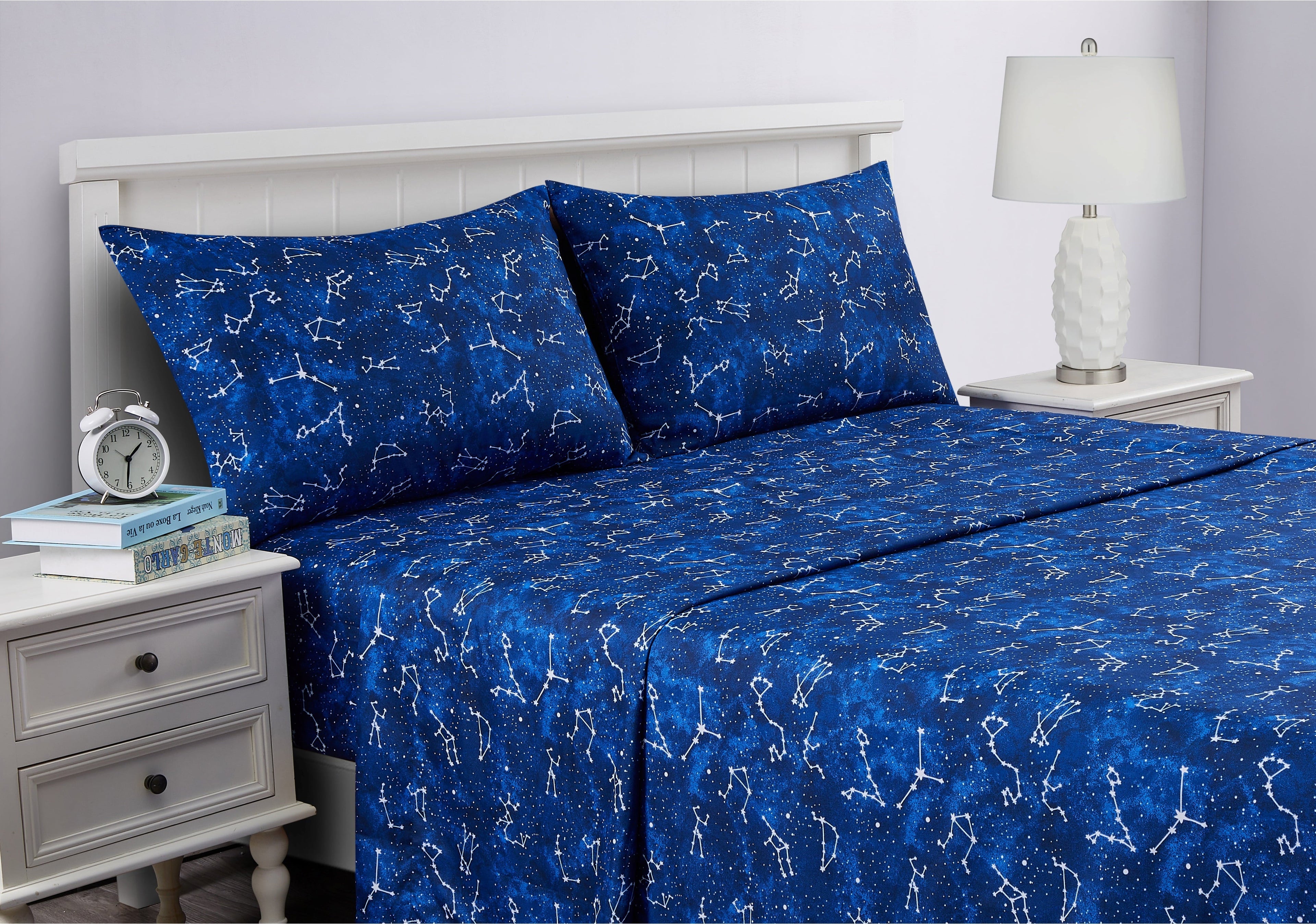 Wrinkle-Resistant Kids Soft Microfiber Sheet Set, Navy Blue Stars, Full, 4 Pieces, Easy Care - Luxury Bed Sheet Set with Deep Pockets Detail