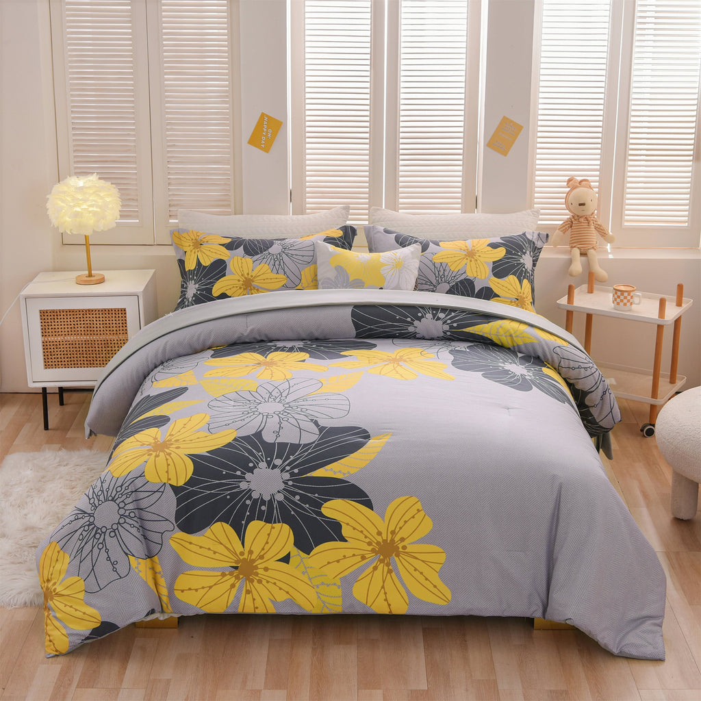 Fluffy Down Alternative Yellow Floral Comforter Set Queen Flower Bed Set Adult Soft Botanical Boho Bedding Set - All-Season Down Alternative Comforter Insert Detail