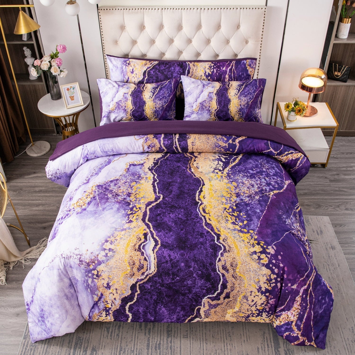 Fluffy Down Alternative 6 Pieces Queen Size Comforter Set Purple,Watercolor Marble Colorful Purple Bedding,Ultra Soft Purple Bed Set with Com... - Hypoallergenic Ultra-Fluffy Quilt for Winter Detail