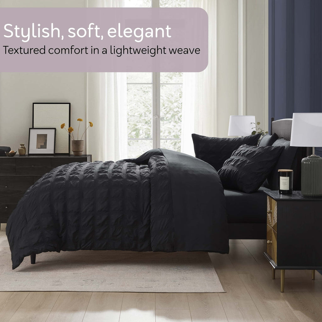 Hypoallergenic Cloud Queen Comforter Set, Seersucker Queen Size Comforter Set, 7-Pc All Season Bedding Comforter Set, Black - Hypoallergenic Ultra-Fluffy Quilt for Winter Detail