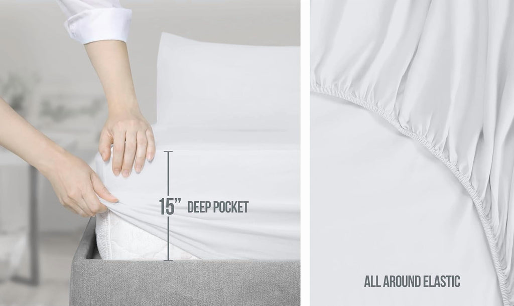 Premium Egyptian Cotton Set, Soft Microfiber 4 Piece Hotel Luxury Bed s with Deep Pockets, Embroidered Pillow Cases, Side Storage Pocket Fitt... - Breathable Egyptian Cotton Flat & Fitted Sheets Detail
