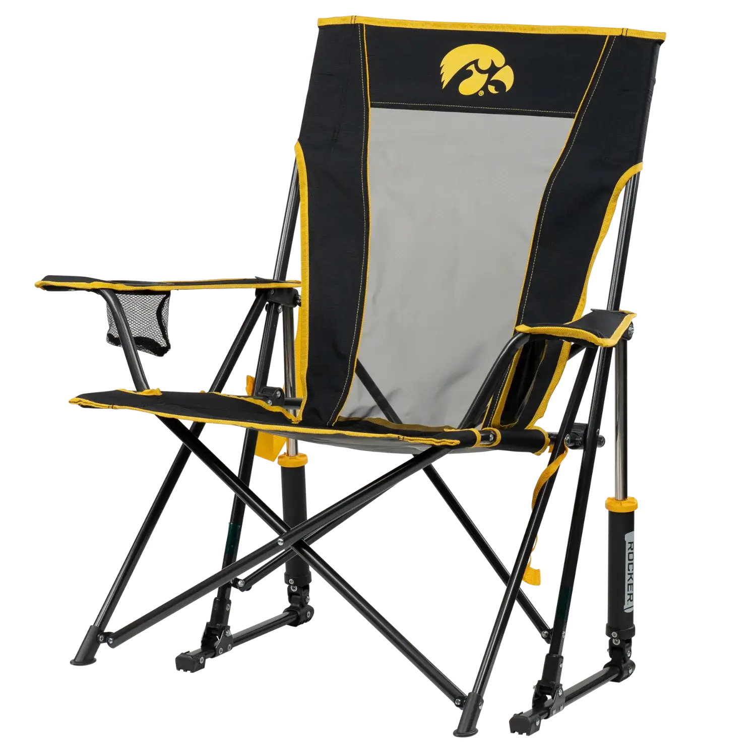 Premium All-Weather College Comfort Pro Rocker - Iowa Hawkeyes - Choice 249 - RoadTrip Rocker Smooth Motion Camp Chair Detail