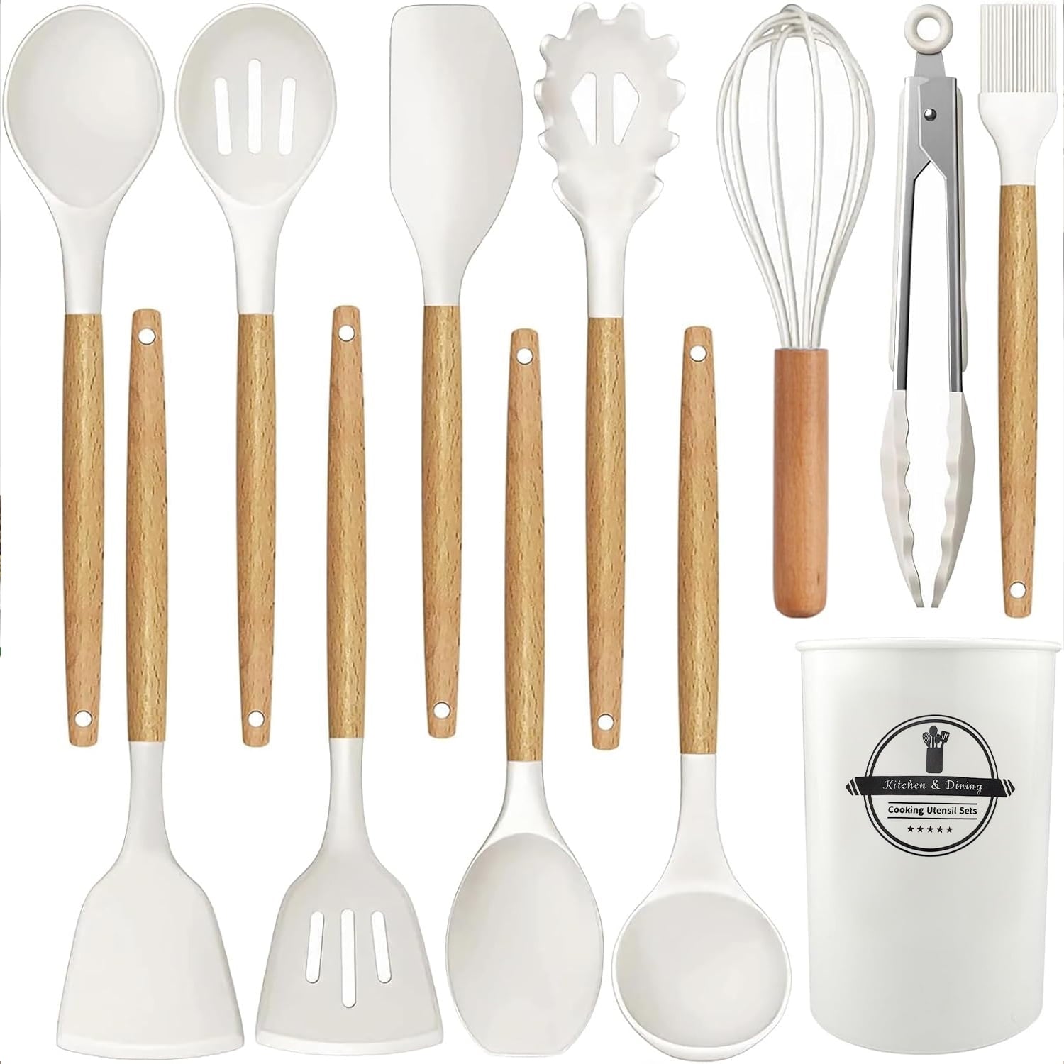Seamless One-Piece Cooking Utensils Set, 12 packs Non-Stick Silicone Cooking Kitchen Utensils Spatula Set with Wooden Handles and... - Premium Stainless Steel Cooking Utensil for Non-Stick Pots - Default Title