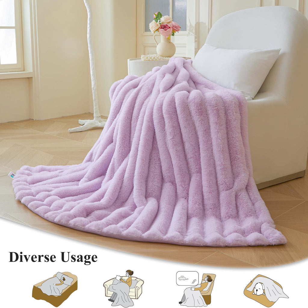 Cozy Fleece Fluffy Faux Rabbit Fur Throw, Cozy Wide Stripe Plush Fuzzy Blanket for Bed Couch Sofa Chair, Light Purple Shaggy Thro... - Cozy Fleece Throw Blanket for Couch & Bed Detail
