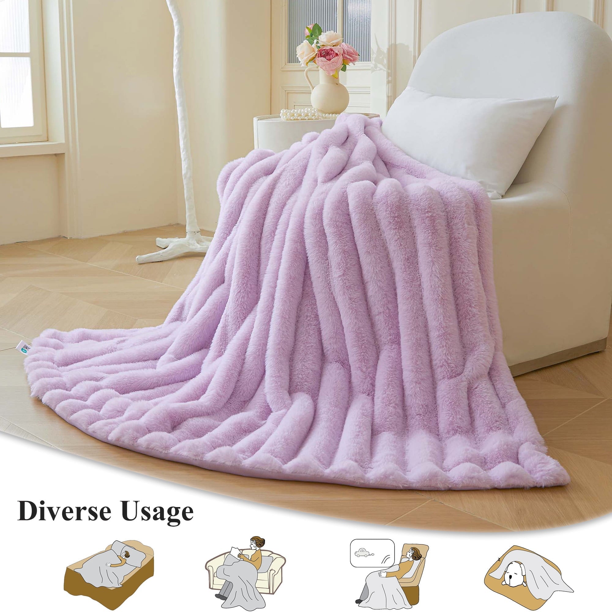 Cozy Fleece Fluffy Faux Rabbit Fur Throw, Cozy Wide Stripe Plush Fuzzy Blanket for Bed Couch Sofa Chair, Light Purple Shaggy Thro... - Cozy Fleece Throw Blanket for Couch & Bed Detail