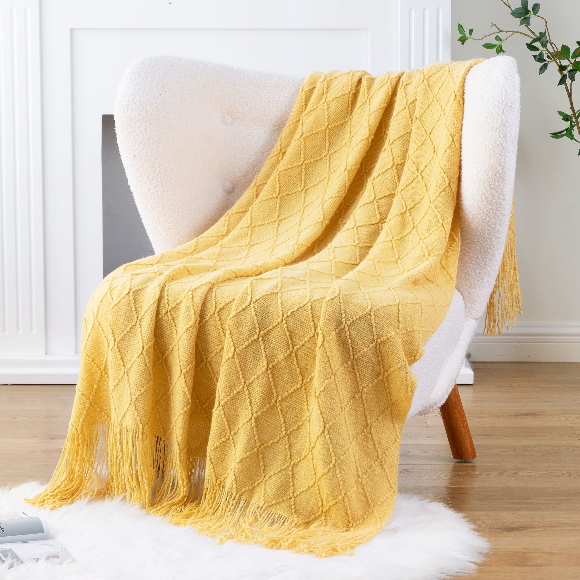 Super Soft Flannel Mustard Throw Blanket for Couch,Gold Yellow Knit Throw with Fringe,Outdoor Throw ,50"x60" - Super Soft Reversible Sherpa Flannel Blanket Detail