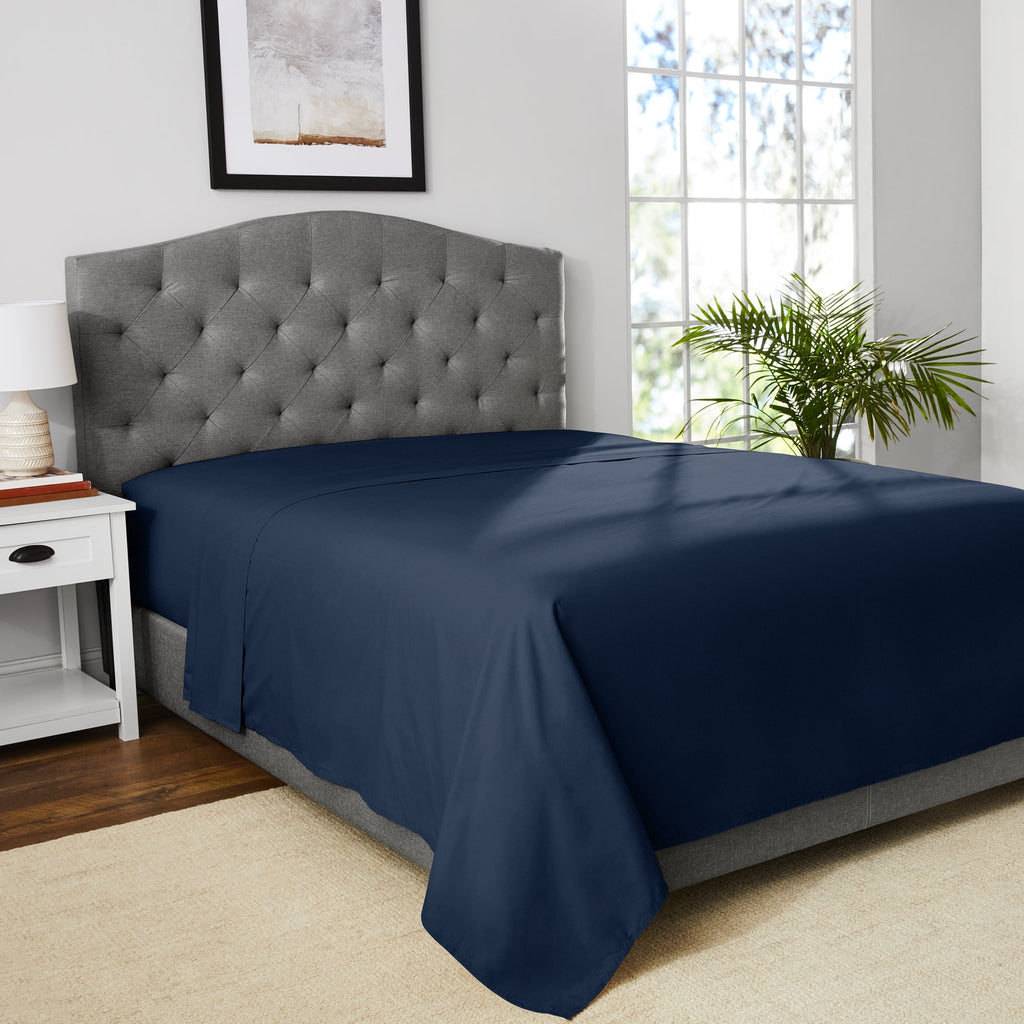 Cooling Sateen 300 Thread Count Easy Care Blue Cove Cotton Blend Percale Flat Bed Sheet, King - Breathable Egyptian Cotton Flat & Fitted Sheets Detail
