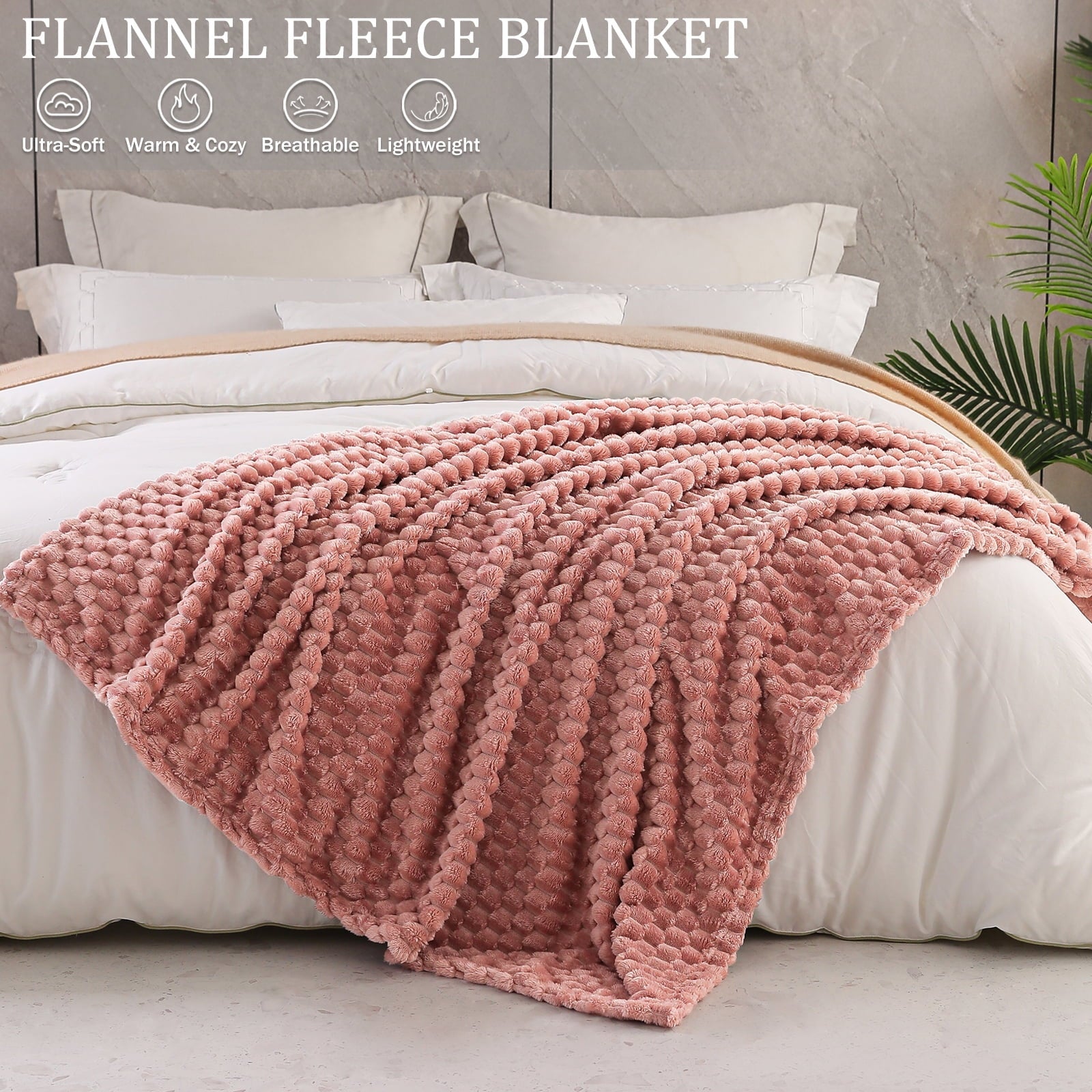 Reversible Sherpa Large Soft Fleece Throw Blanket, 50"x70" Stylish Jacquard Throw Blanket for Couch, Cozy, Warm, Lightweight Dusty Pink... - Luxury Knitted Decorative Throw Blanket with Fringes Detail