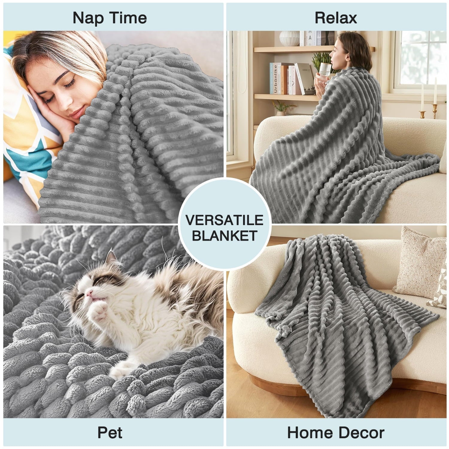Reversible Sherpa for Couch,Sofa,Bed, Super Soft Striped Gray Bed for Office Picnic Travel Bedroom, Warm Cozy Lightweight Home Decor fo... - Luxury Knitted Decorative Throw Blanket with Fringes Detail