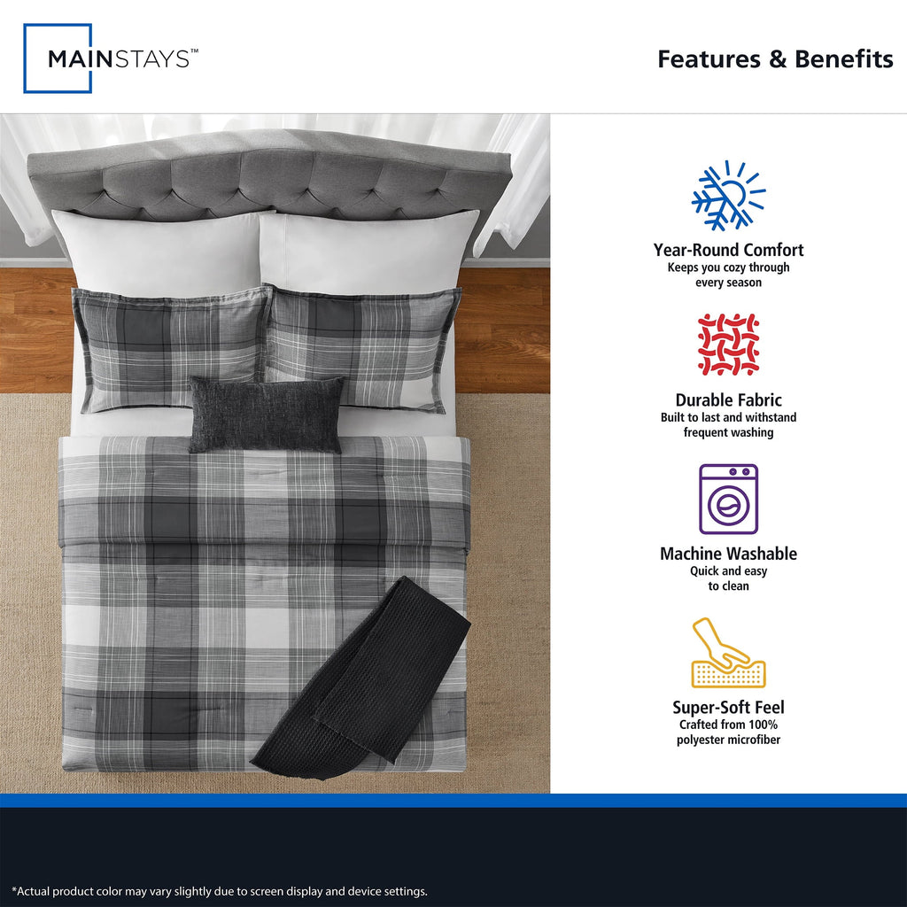 Luxurious Quilted Full/Queen Comforter Set, All-Season, 5-Piece, Grey Plaid - Luxurious Quilted Duvet Cover Set Detail
