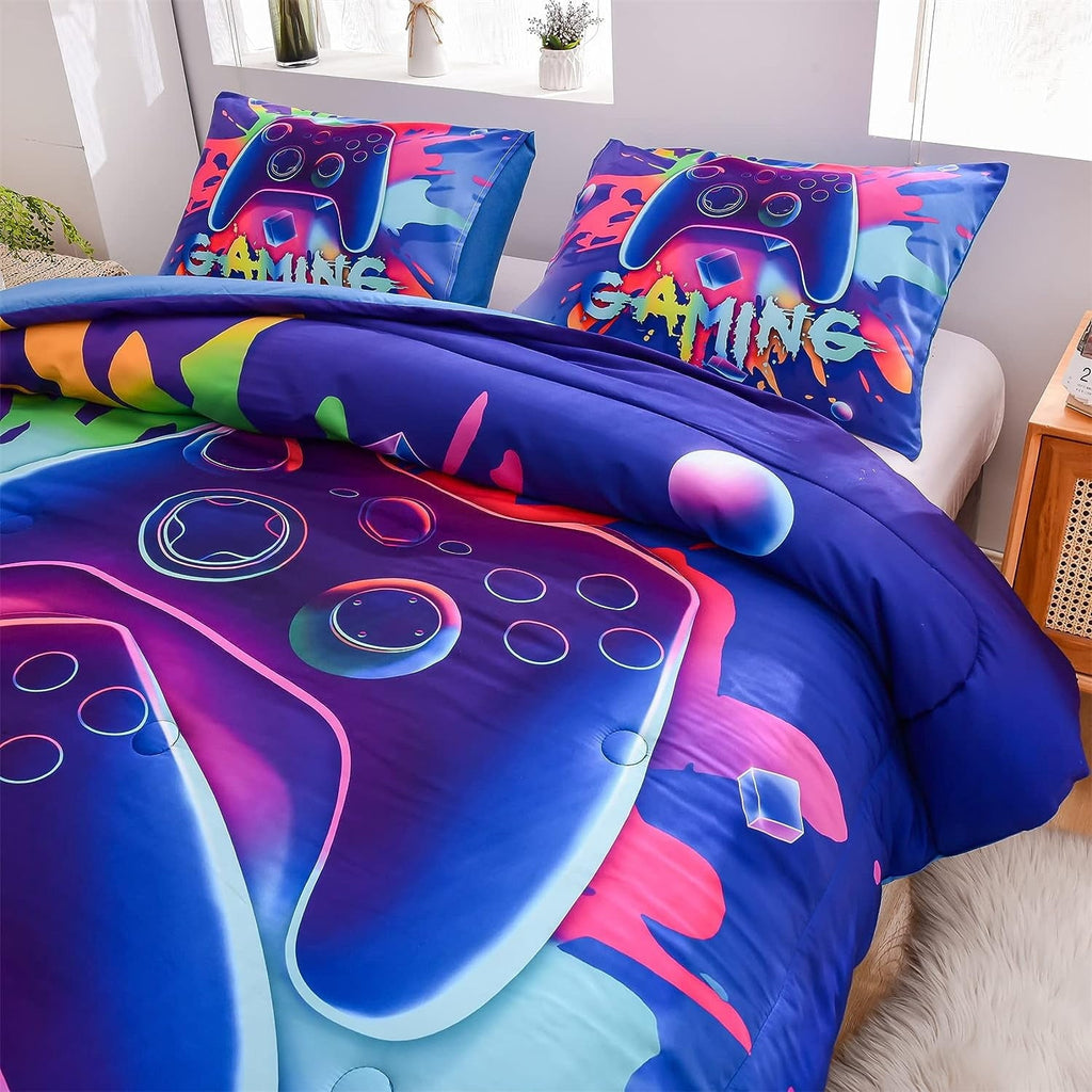 Hypoallergenic Cloud Purple Queen Gaming Comforter Sets for Boys Kids Bedding Sets Colorful Games Console Gamer Quilt Set - All-Season Down Alternative Comforter Insert Detail