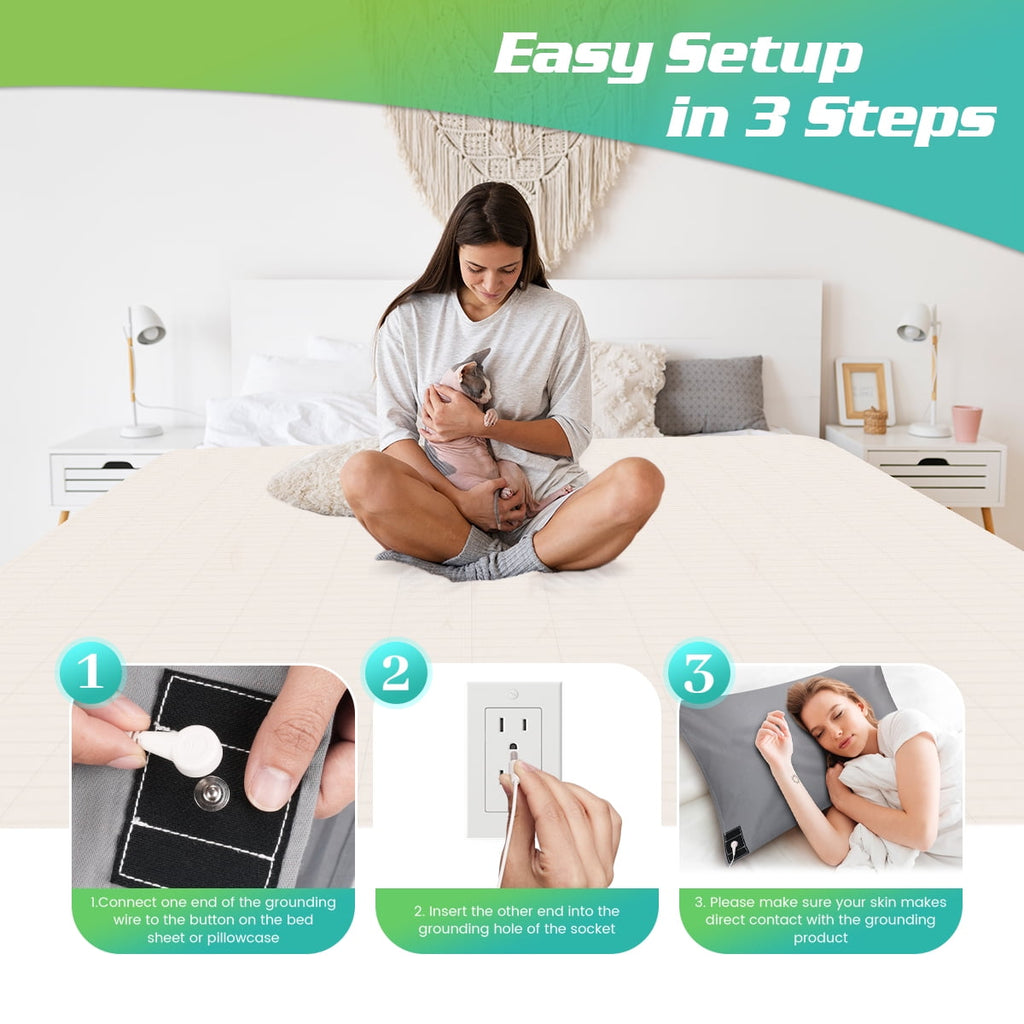 Premium Egyptian Cotton Conductive Grounding Bed Sheets for Better Sleep with 15ft Cord 10% Pure Silver Fiber 27x52in Gray - Cooling Hotel Quality Bedding Sheets and Pillowcases Detail