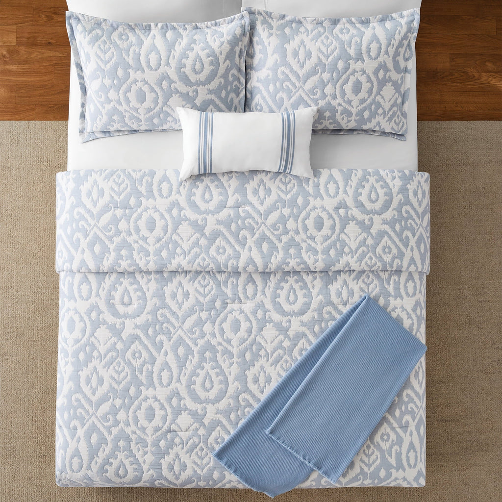 Luxurious Quilted Full/Queen Comforter Set, All-Season, 5-Piece, Blue Matelasse Ikat - Luxurious Quilted Duvet Cover Set Detail