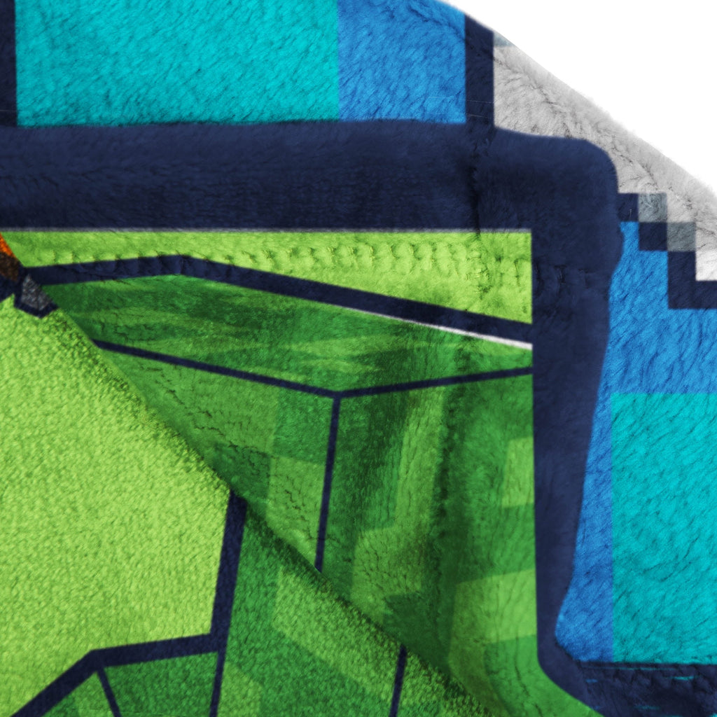 Reversible Sherpa Minecraft Kids Twin/Full Blanket, 62 x 90, Microfiber, Green and Blue - Luxury Knitted Decorative Throw Blanket with Fringes Detail