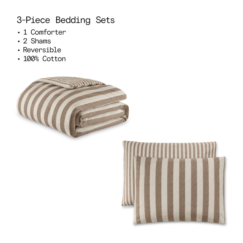 Hypoallergenic Cloud 100% Cotton Striped 3-Piece Natural Comforter Set, Full/Queen - Luxurious Quilted Duvet Cover Set Detail