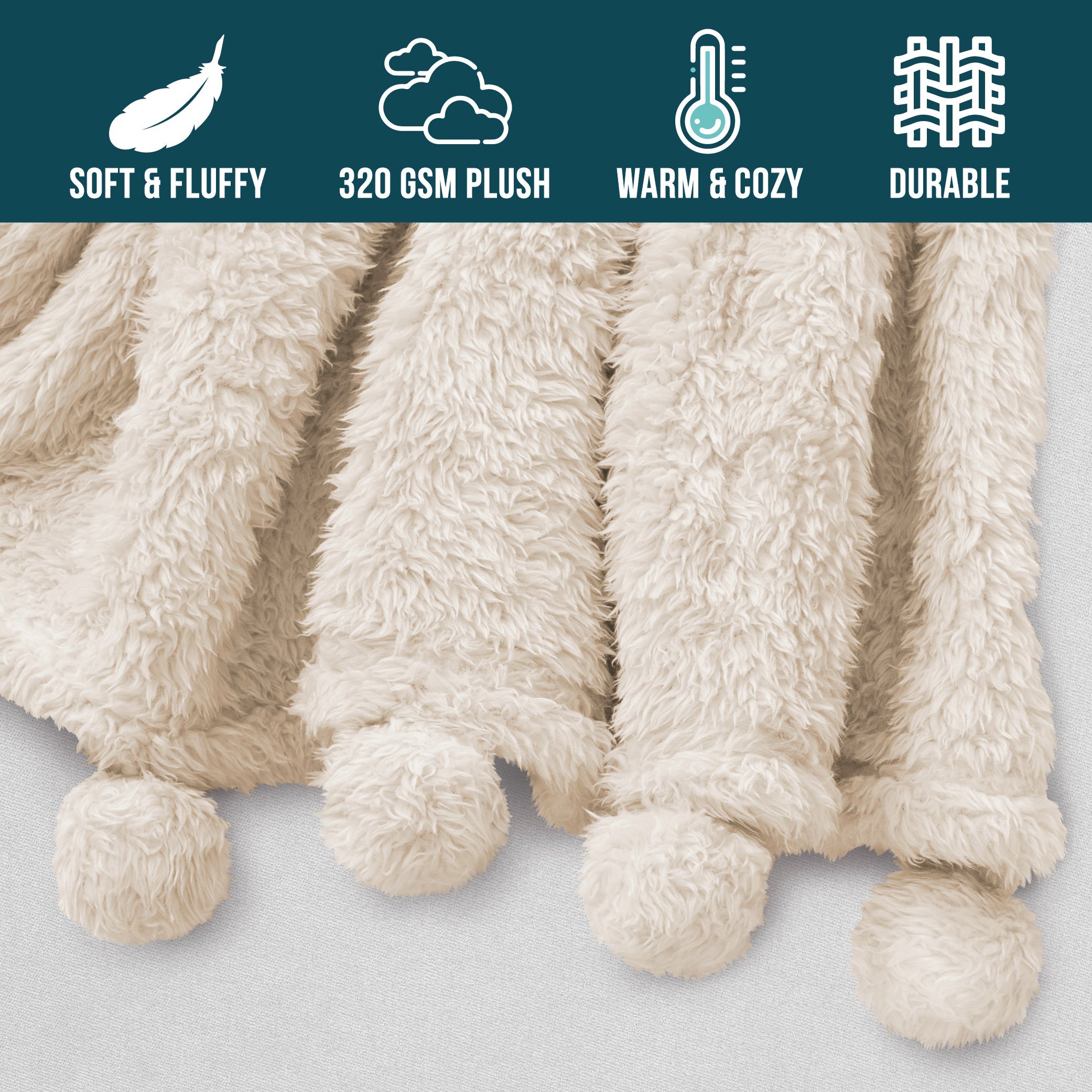 Cozy Fleece Ivory Cream Sherpa Throw Blanket with Soft Pom Pom Fringe, Plush Cozy Warm Blankets for Couch Bed Sofa, Fuzzy Fleece ... - Super Soft Reversible Sherpa Flannel Blanket Detail