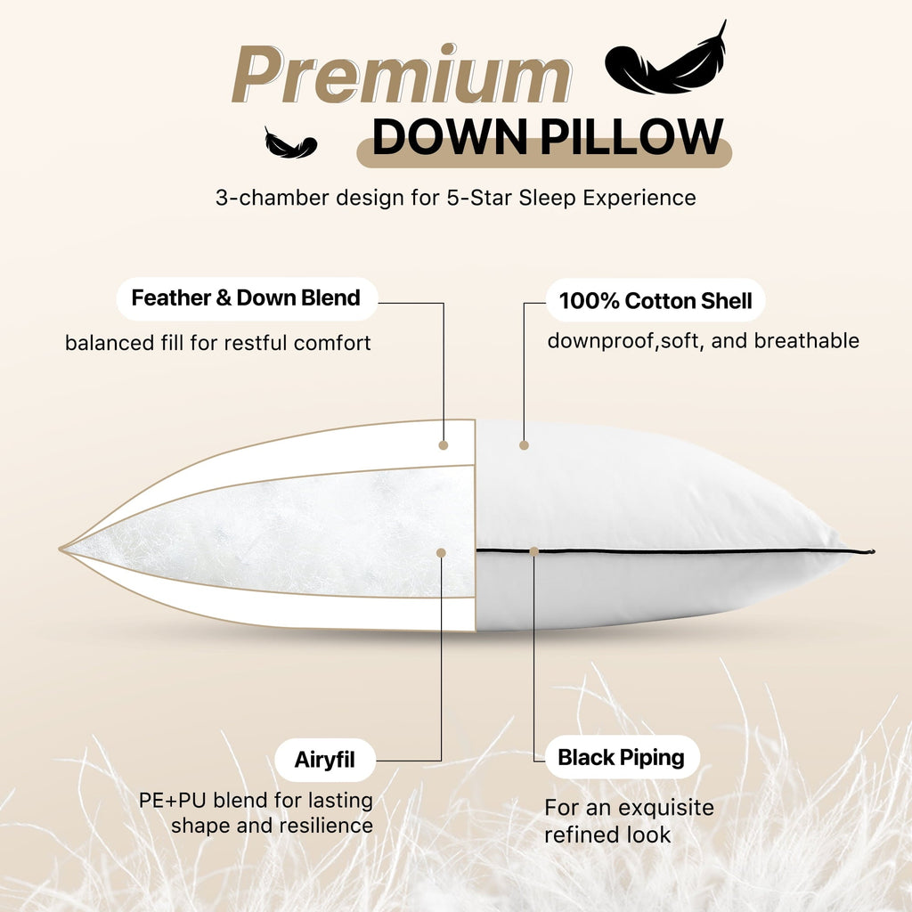 Hotel Collection Feather Down Pillows Set of 2, Medium Firm Hotel Bed Pillow 2 Pack, Queen Size, 20 x 30 in. - Decorative Throw Pillow Cushion for Sofa & Bed Detail